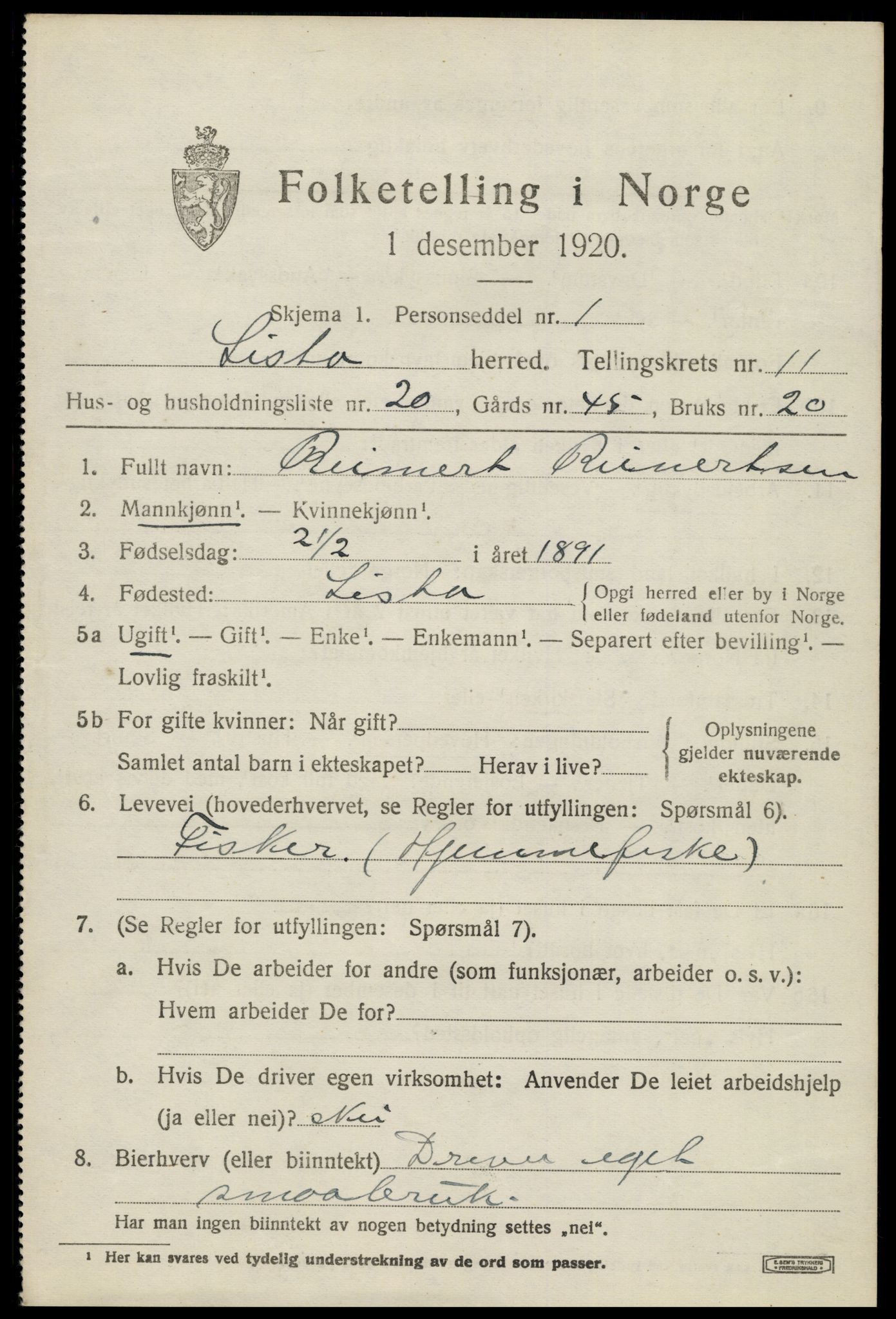 SAK, 1920 census for Lista, 1920, p. 11119