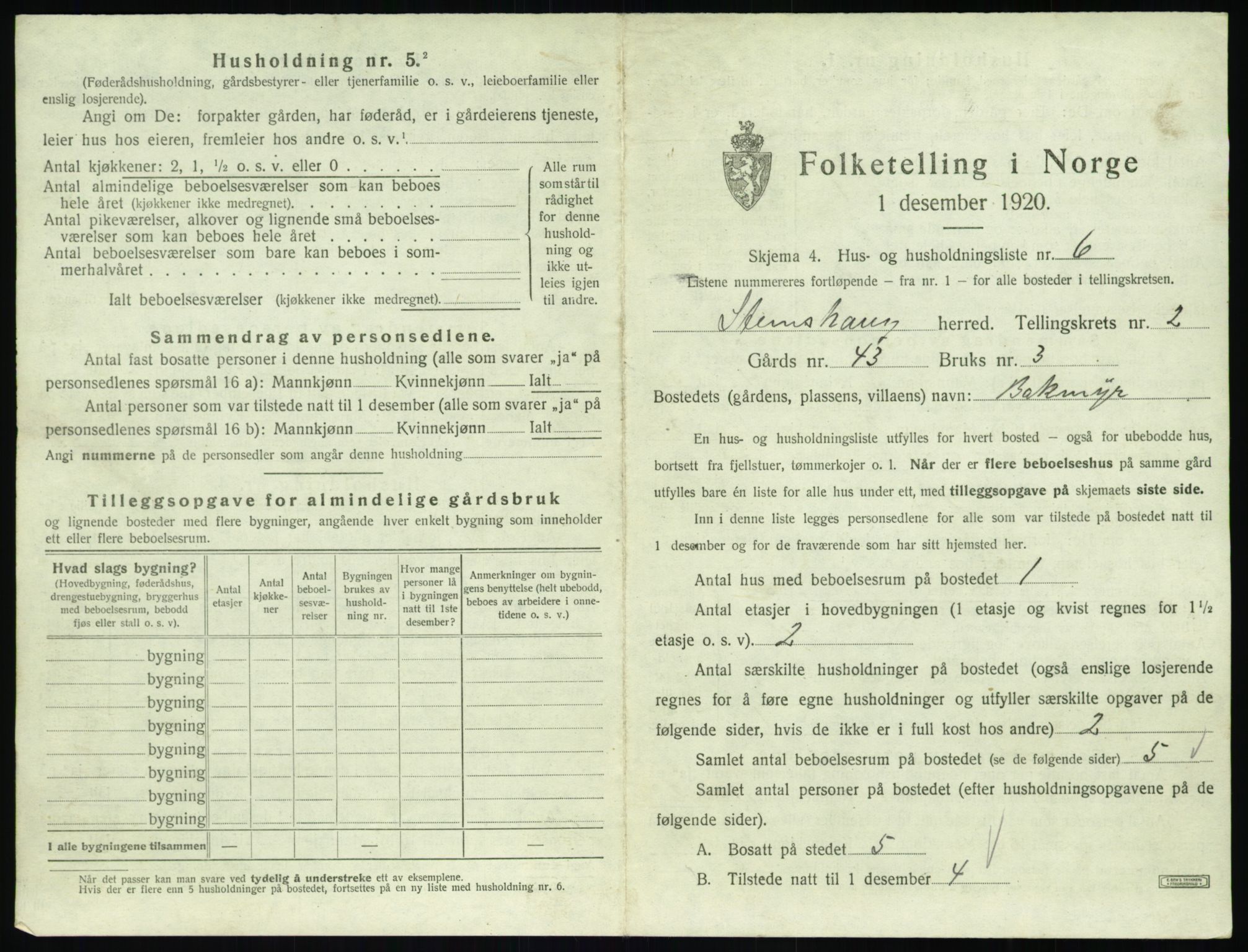 SAT, 1920 census for Stemshaug, 1920, p. 92