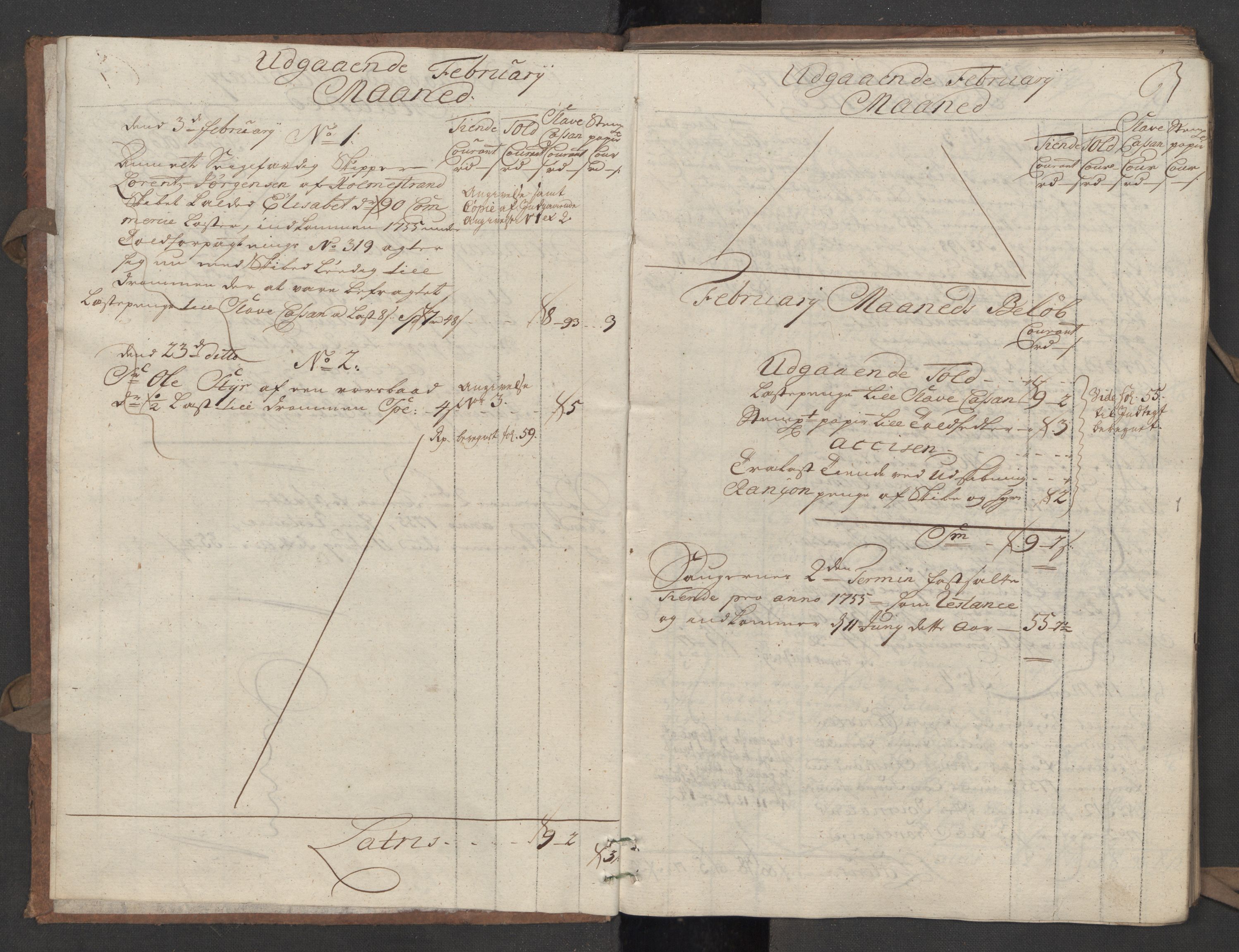 Generaltollkammeret, tollregnskaper, RA/EA-5490/R09/L0022/0001: Tollregnskaper Holmestrand / Utgående hovedtollbok, 1756, p. 2b-3a