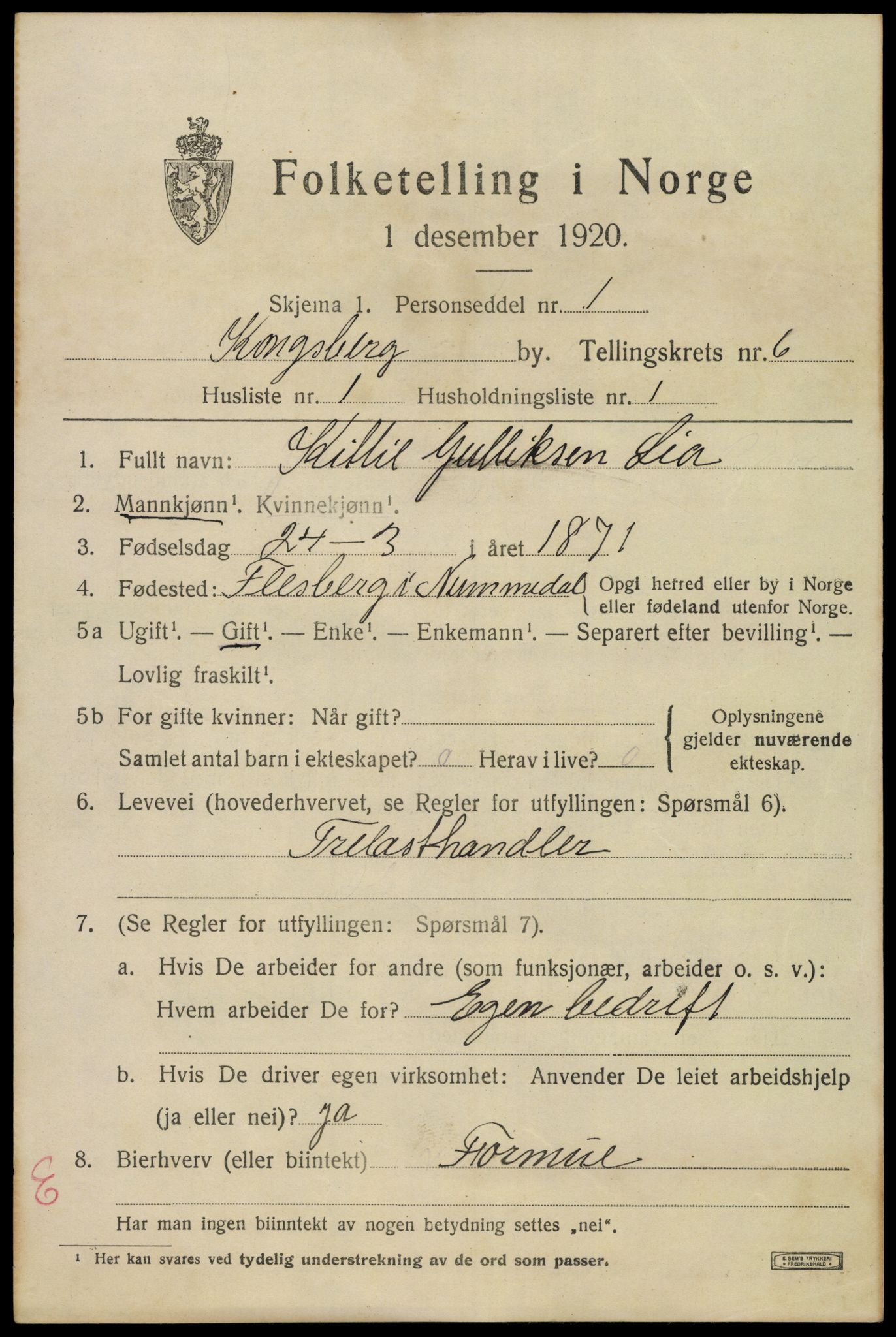 SAKO, 1920 census for Kongsberg, 1920, p. 13574