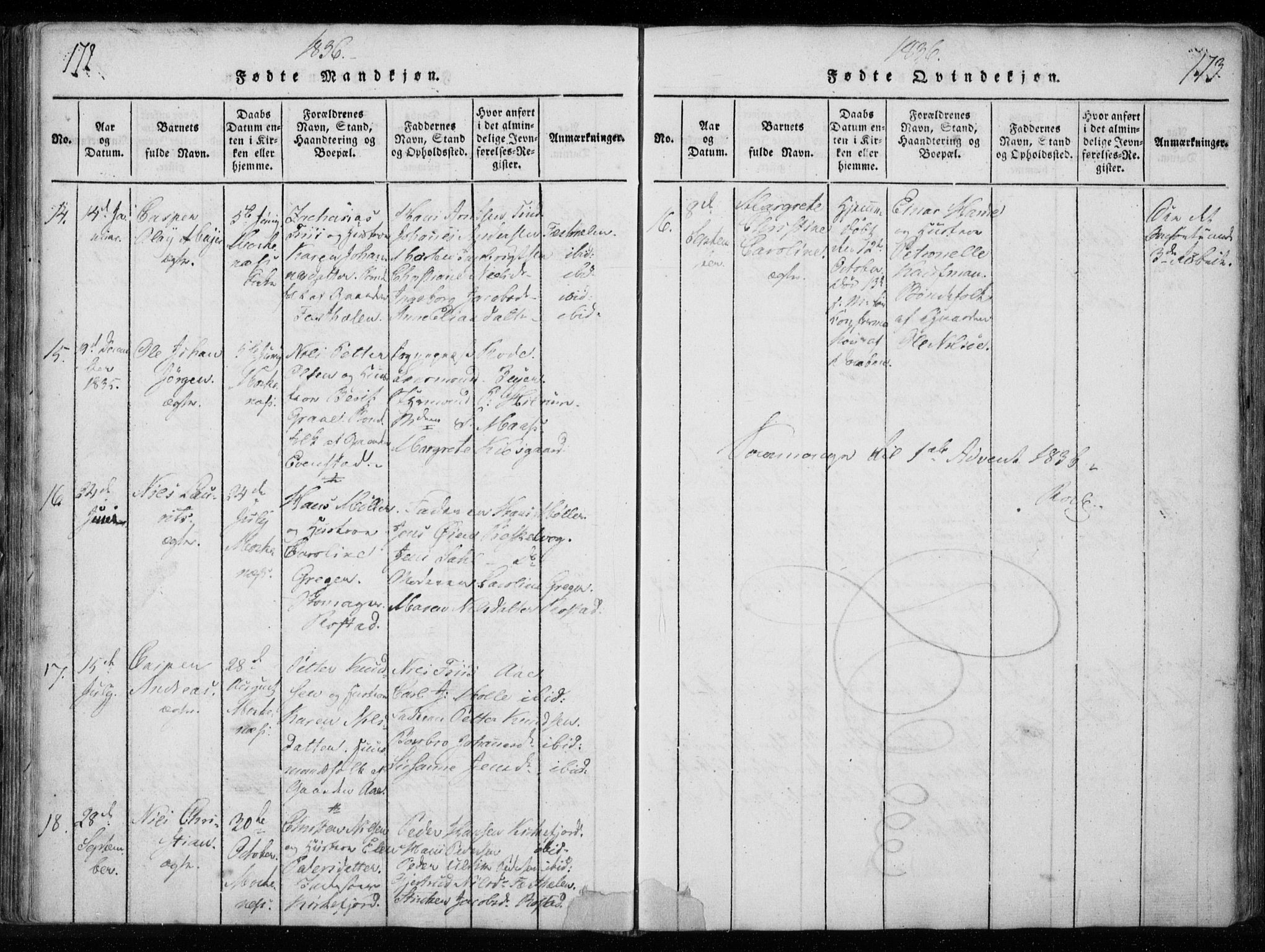 Ministerialprotokoller, klokkerbøker og fødselsregistre - Nordland, AV/SAT-A-1459/885/L1201: Parish register (official) no. 885A02, 1820-1837, p. 172-173