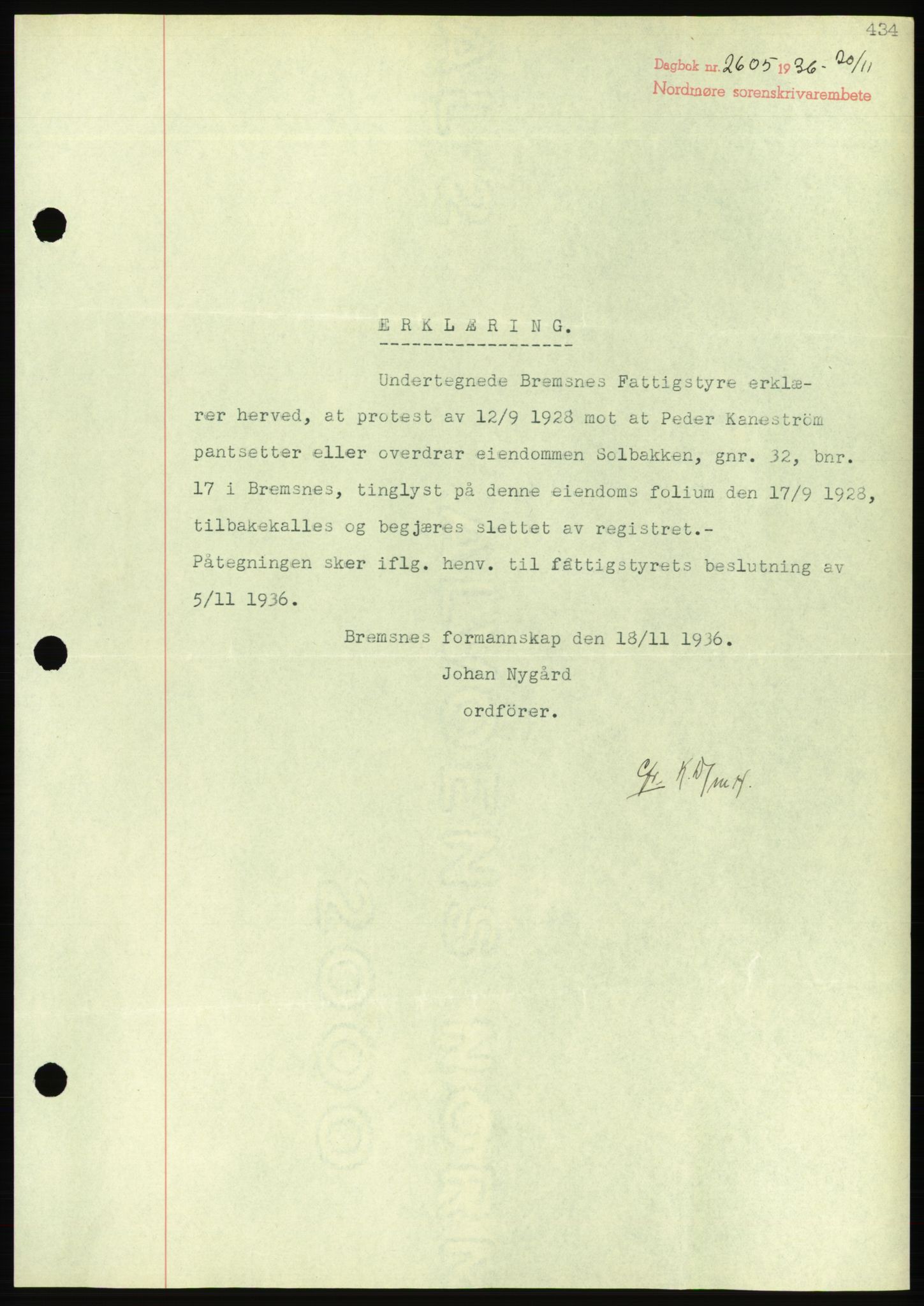 Nordmøre sorenskriveri, AV/SAT-A-4132/1/2/2Ca/L0090: Mortgage book no. B80, 1936-1937, Diary no: : 2605/1936