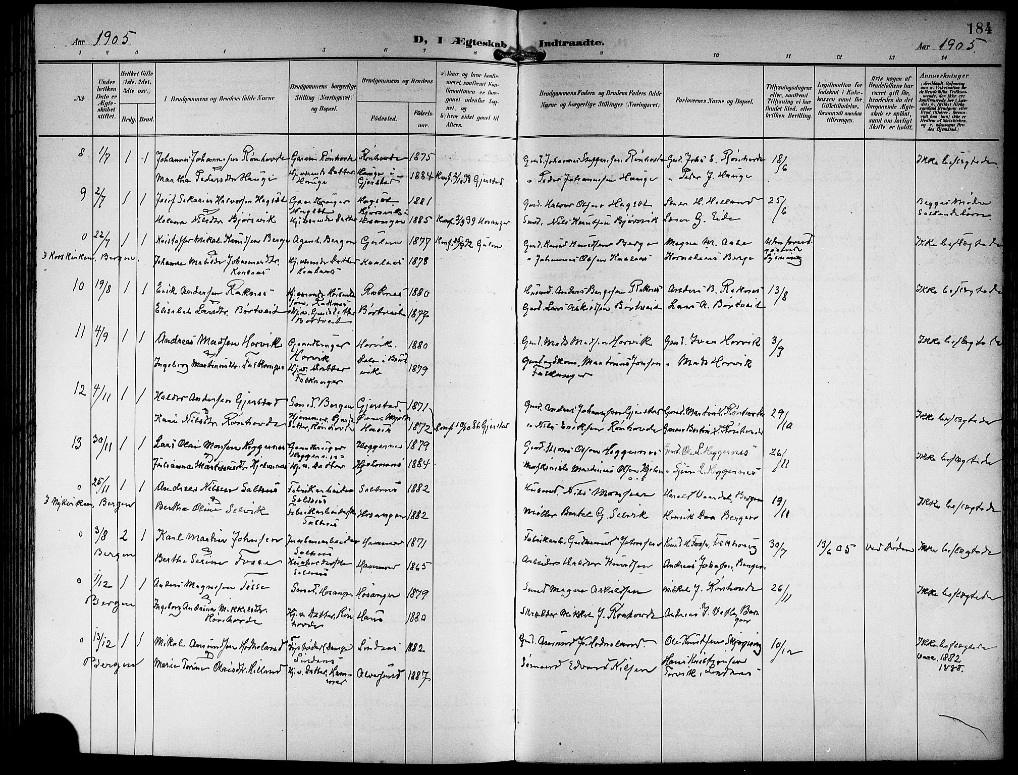 Hamre sokneprestembete, SAB/A-75501/H/Ha/Hab: Parish register (copy) no. B 4, 1898-1919, p. 184