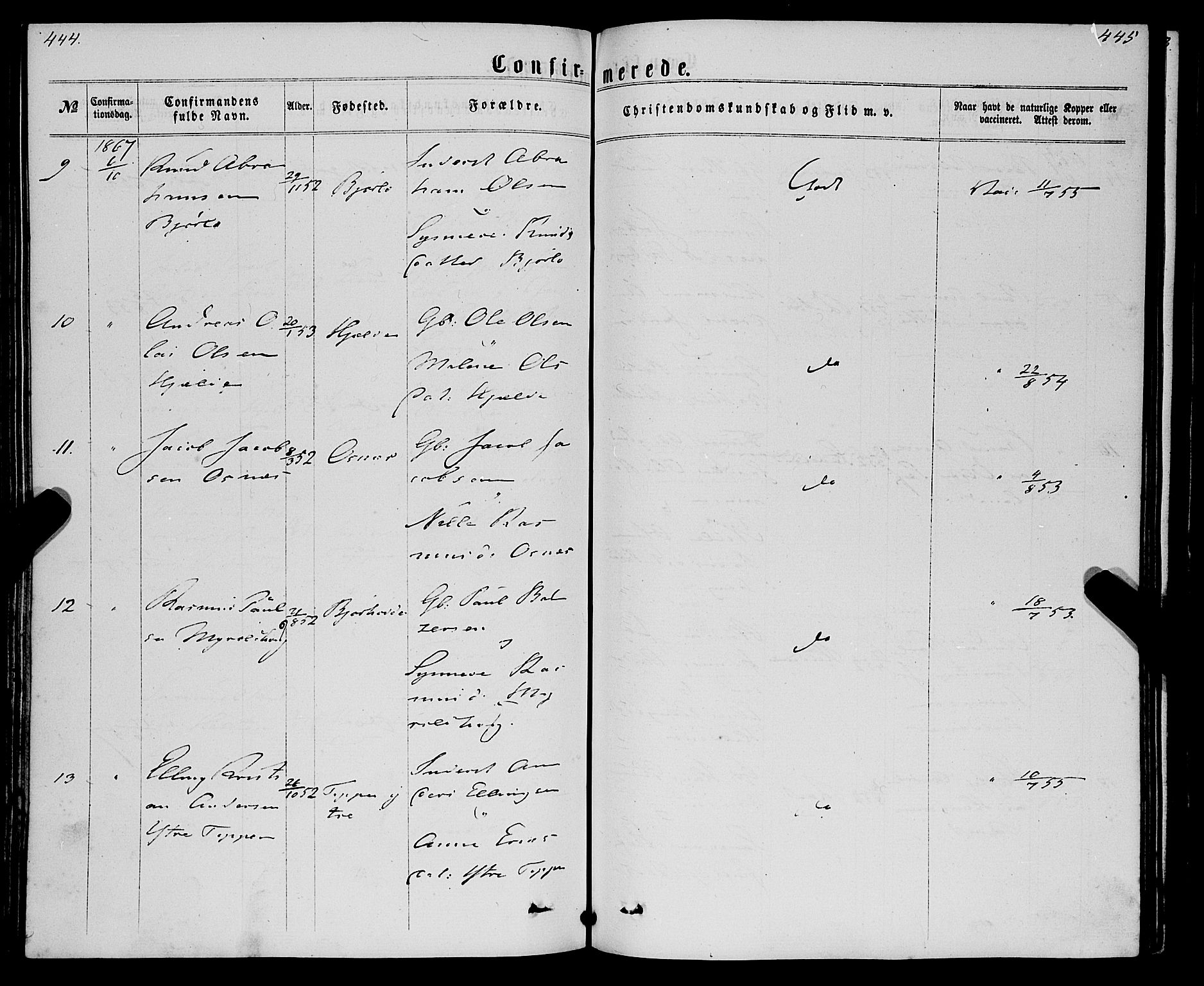 Eid sokneprestembete, AV/SAB-A-82301/H/Haa/Haaa/L0009: Parish register (official) no. A 9, 1861-1868, p. 444-445