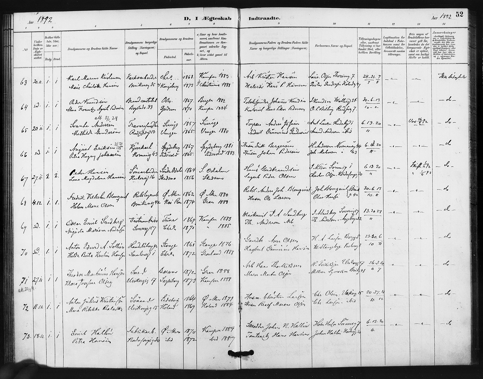 Kampen prestekontor Kirkebøker, AV/SAO-A-10853/F/Fa/L0006: Parish register (official) no. I 6, 1889-1896, p. 52