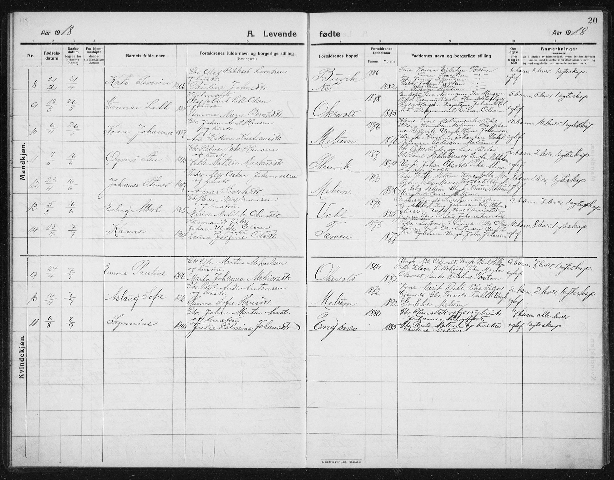 Ministerialprotokoller, klokkerbøker og fødselsregistre - Sør-Trøndelag, SAT/A-1456/652/L0654: Parish register (copy) no. 652C02, 1910-1937, p. 20