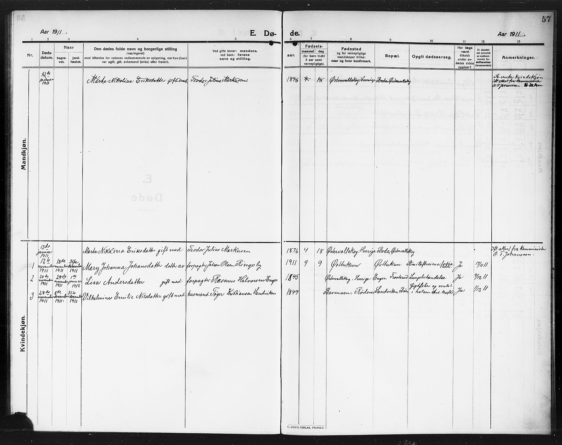 Rødenes prestekontor Kirkebøker, AV/SAO-A-2005/G/Gb/L0002: Parish register (copy) no. II 2, 1911-1921, p. 57