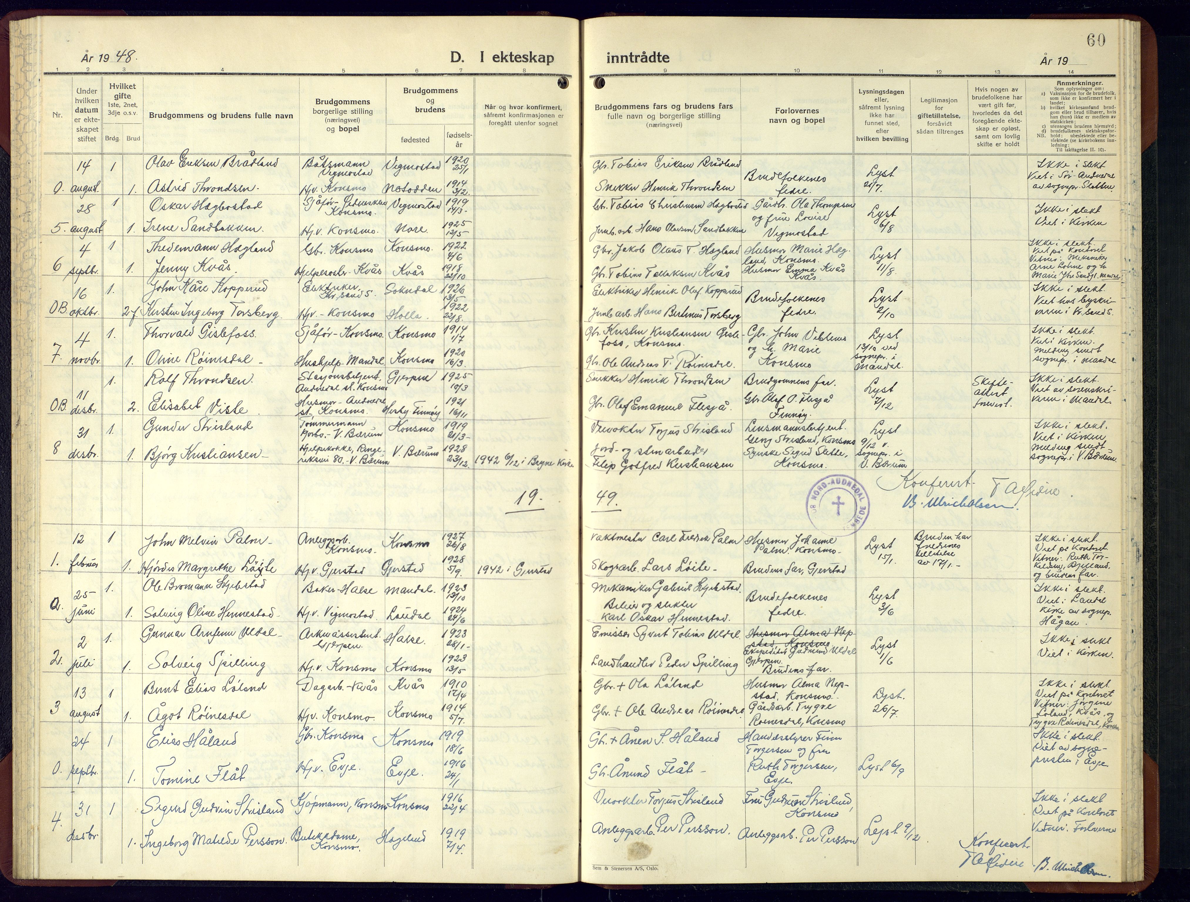 Nord-Audnedal sokneprestkontor, AV/SAK-1111-0032/F/Fb/Fba/L0007: Parish register (copy) no. B-7, 1944-1961, p. 60