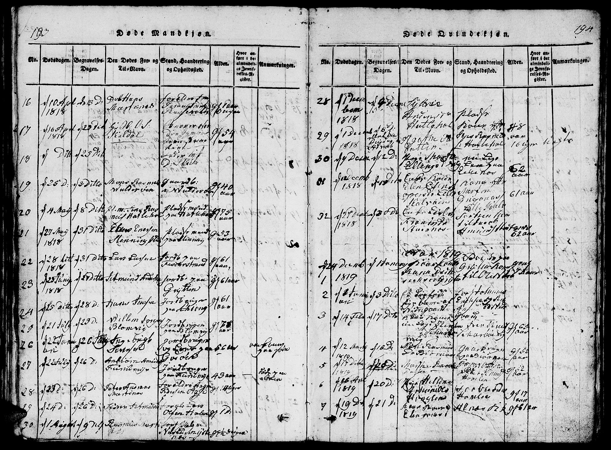 Ministerialprotokoller, klokkerbøker og fødselsregistre - Møre og Romsdal, AV/SAT-A-1454/528/L0423: Parish register (copy) no. 528C04, 1816-1827, p. 193-194