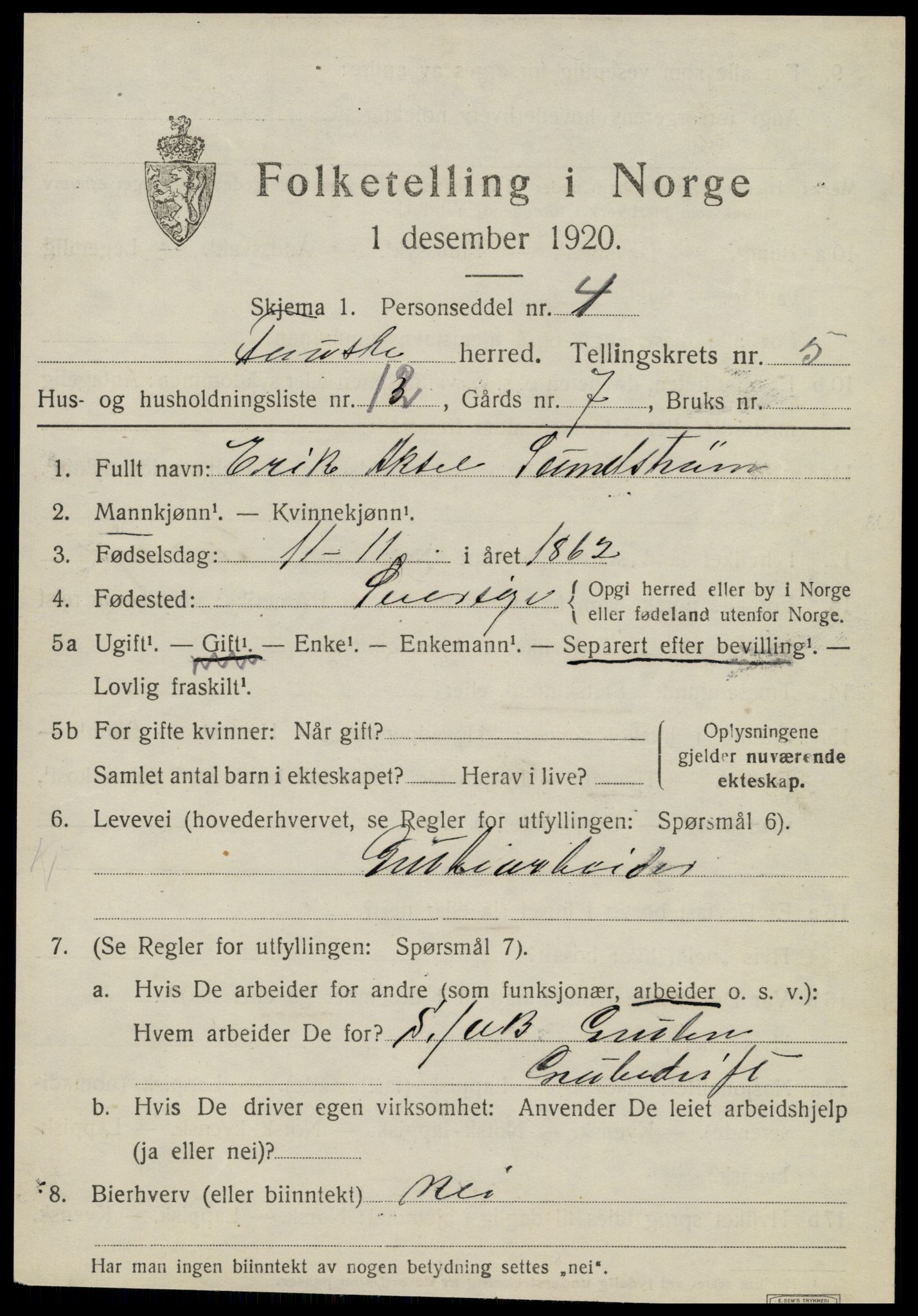 SAT, 1920 census for Fauske, 1920, p. 5420