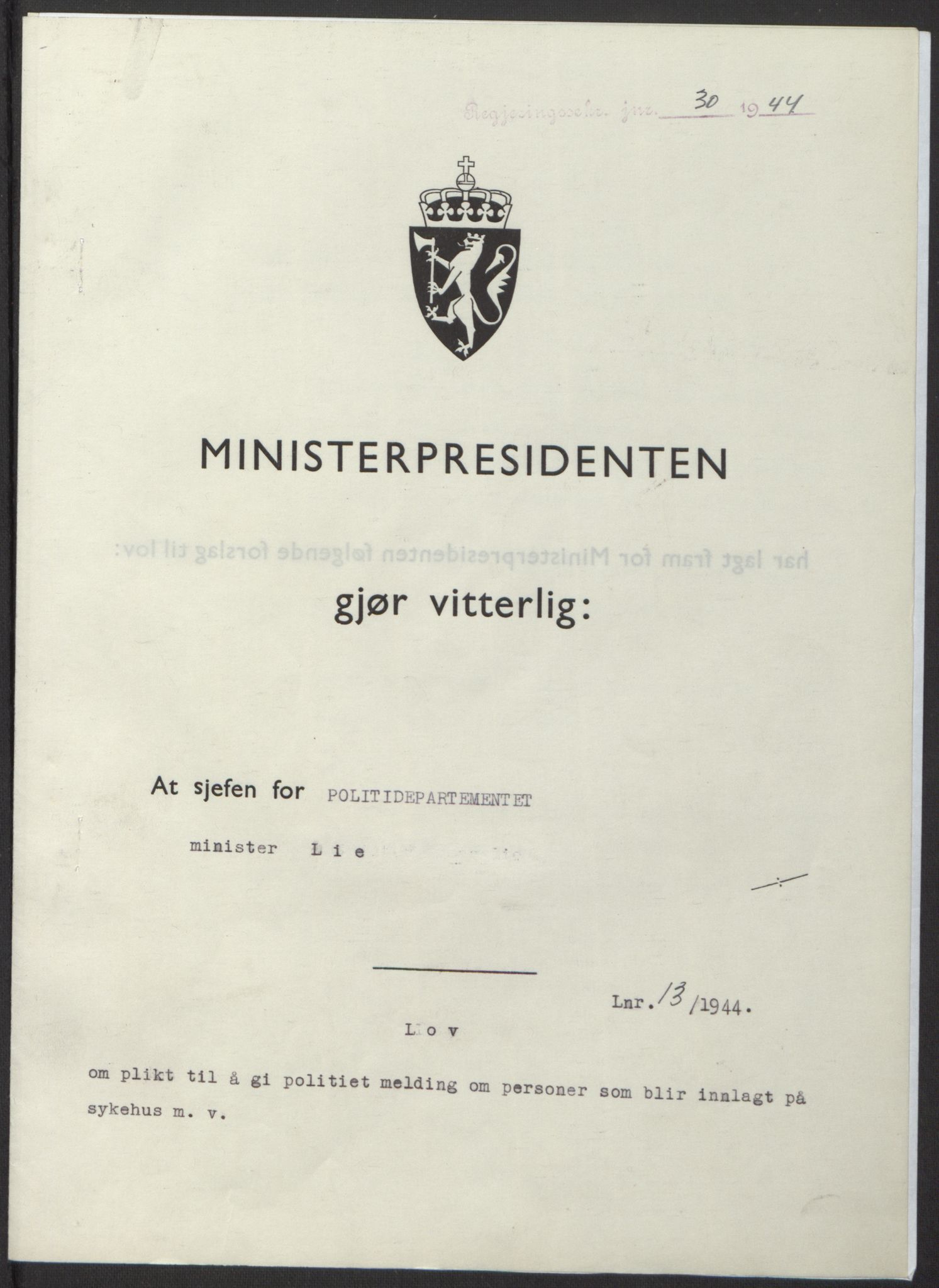 NS-administrasjonen 1940-1945 (Statsrådsekretariatet, de kommisariske statsråder mm), AV/RA-S-4279/D/Db/L0100: Lover, 1944, p. 56