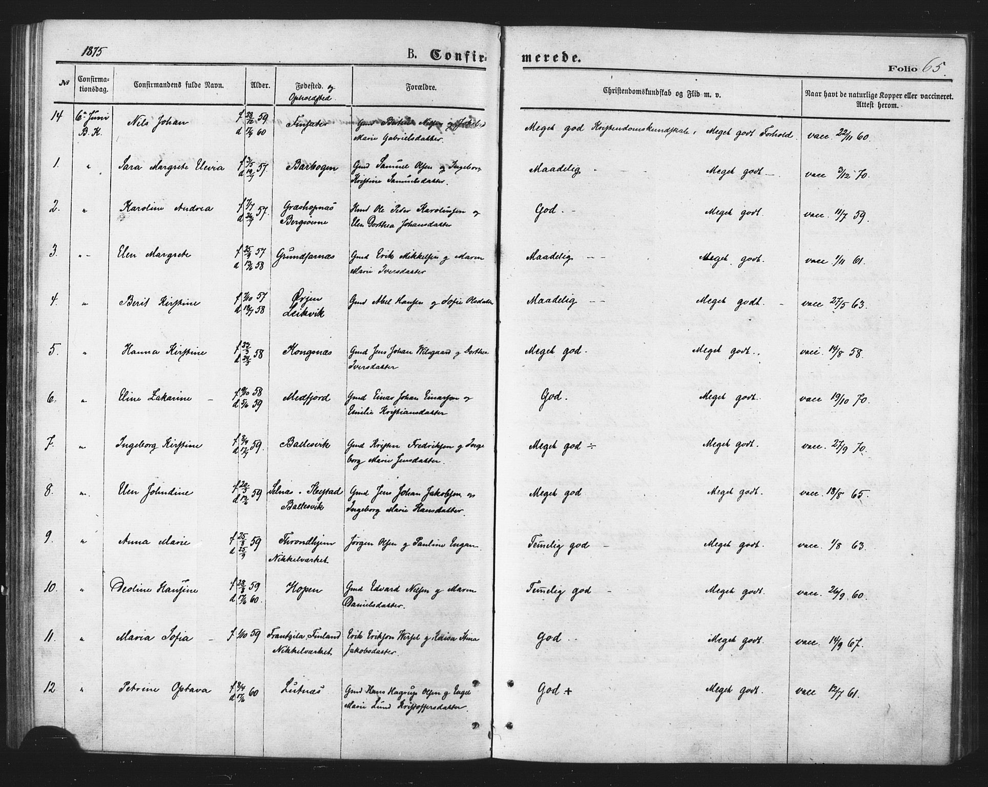 Berg sokneprestkontor, SATØ/S-1318/G/Ga/Gaa/L0003kirke: Parish register (official) no. 3, 1872-1879, p. 65