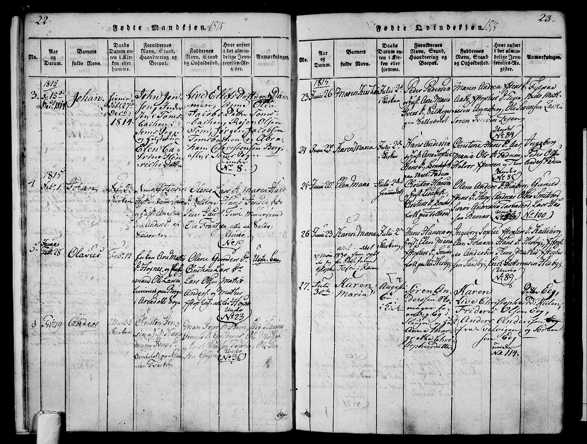 Sem kirkebøker, AV/SAKO-A-5/F/Fa/L0004: Parish register (official) no. I 4, 1814-1825, p. 22-23