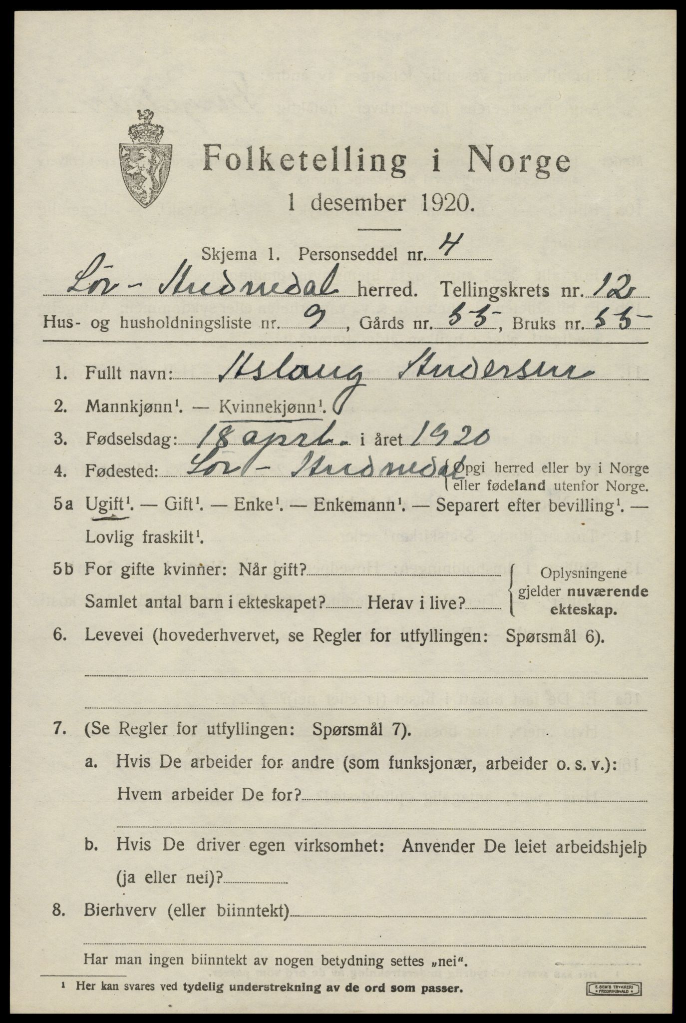 SAK, 1920 census for Sør-Audnedal, 1920, p. 4581