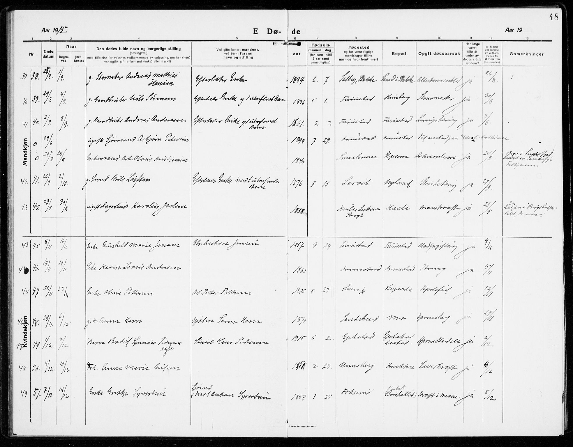 Sandar kirkebøker, SAKO/A-243/F/Fa/L0020: Parish register (official) no. 20, 1915-1919, p. 48