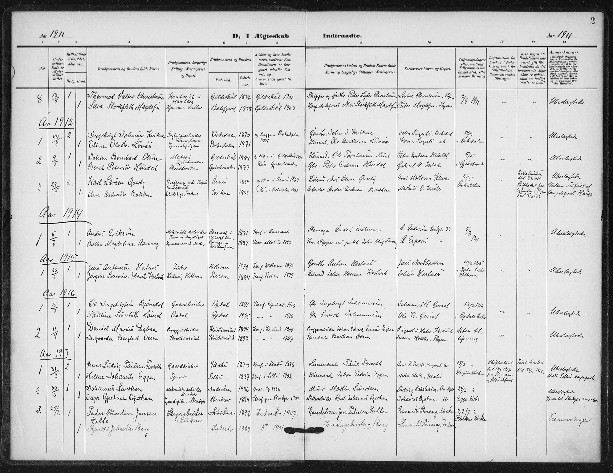 Ministerialprotokoller, klokkerbøker og fødselsregistre - Sør-Trøndelag, AV/SAT-A-1456/623/L0472: Parish register (official) no. 623A06, 1907-1938, p. 2