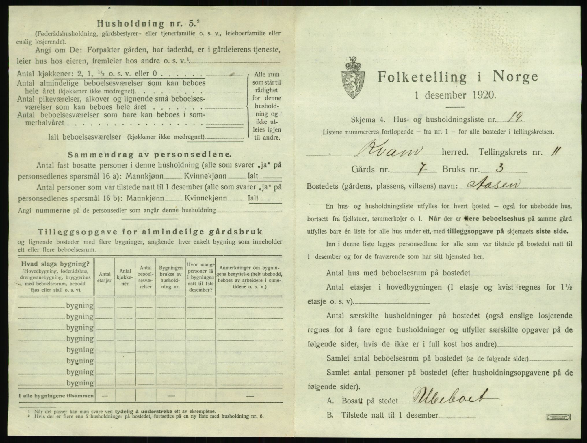 SAT, 1920 census for Kvam, 1920, p. 489