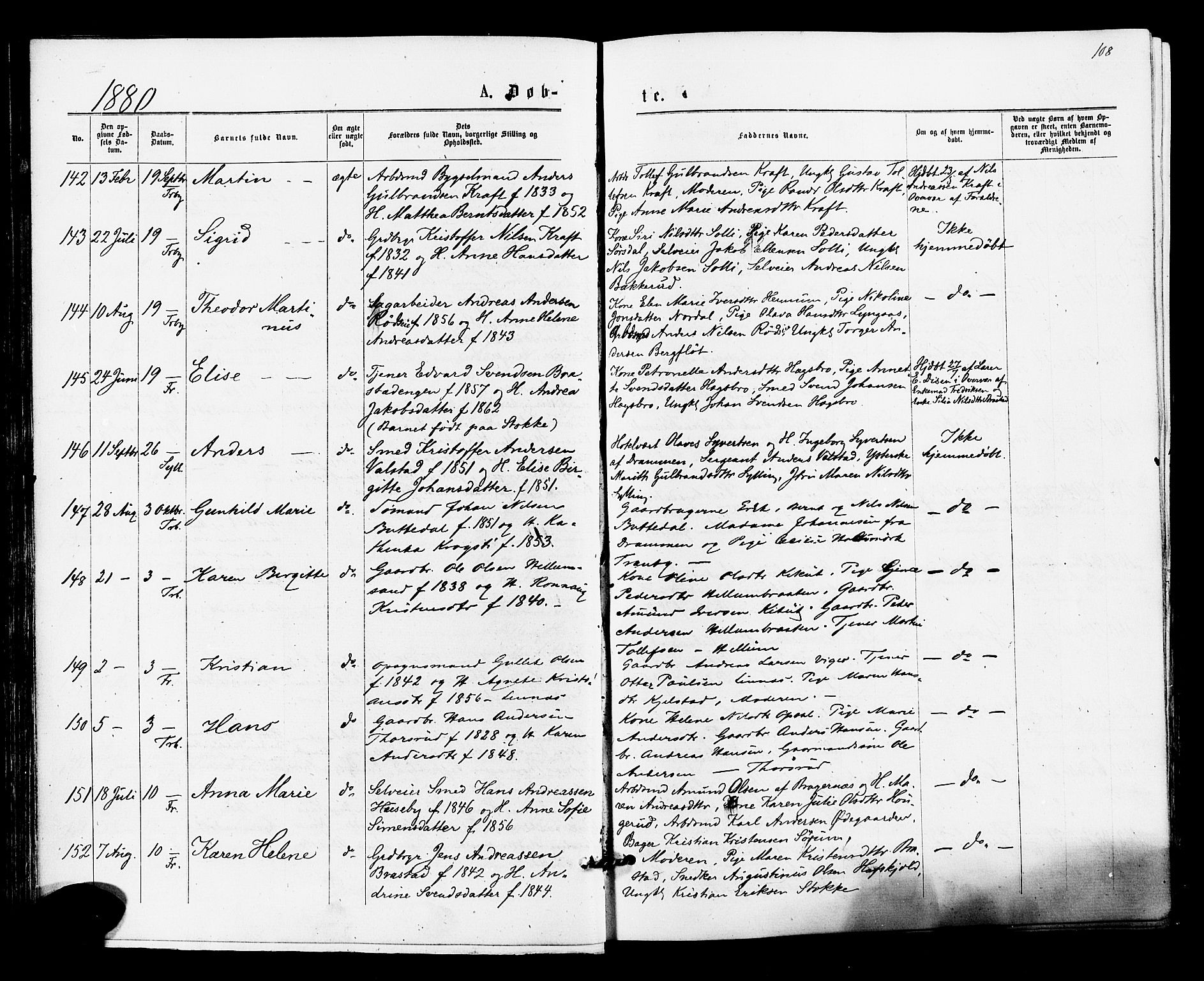 Lier kirkebøker, SAKO/A-230/F/Fa/L0014: Parish register (official) no. I 14, 1875-1882, p. 108
