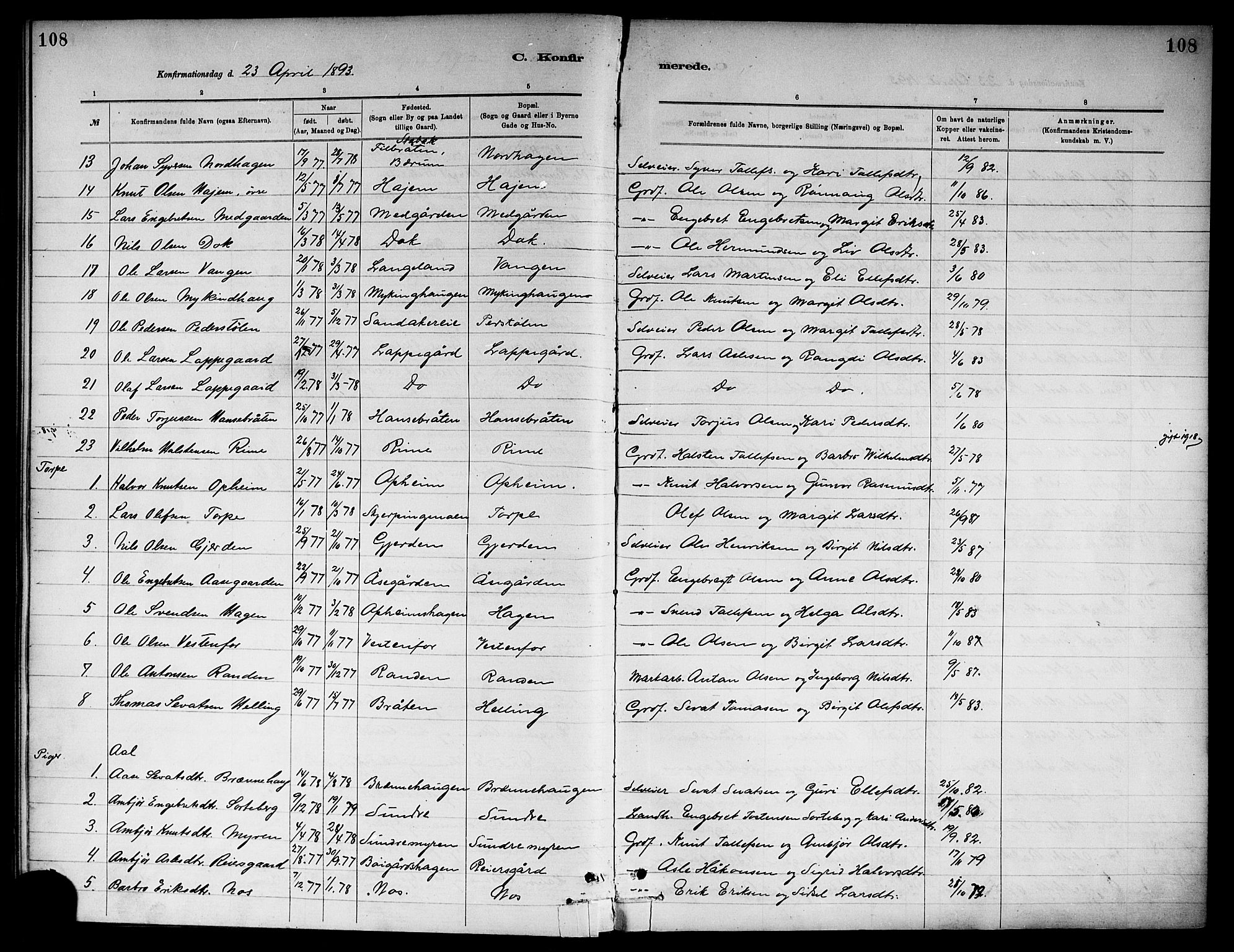 Ål kirkebøker, SAKO/A-249/F/Fa/L0008: Parish register (official) no. I 8, 1882-1896, p. 108