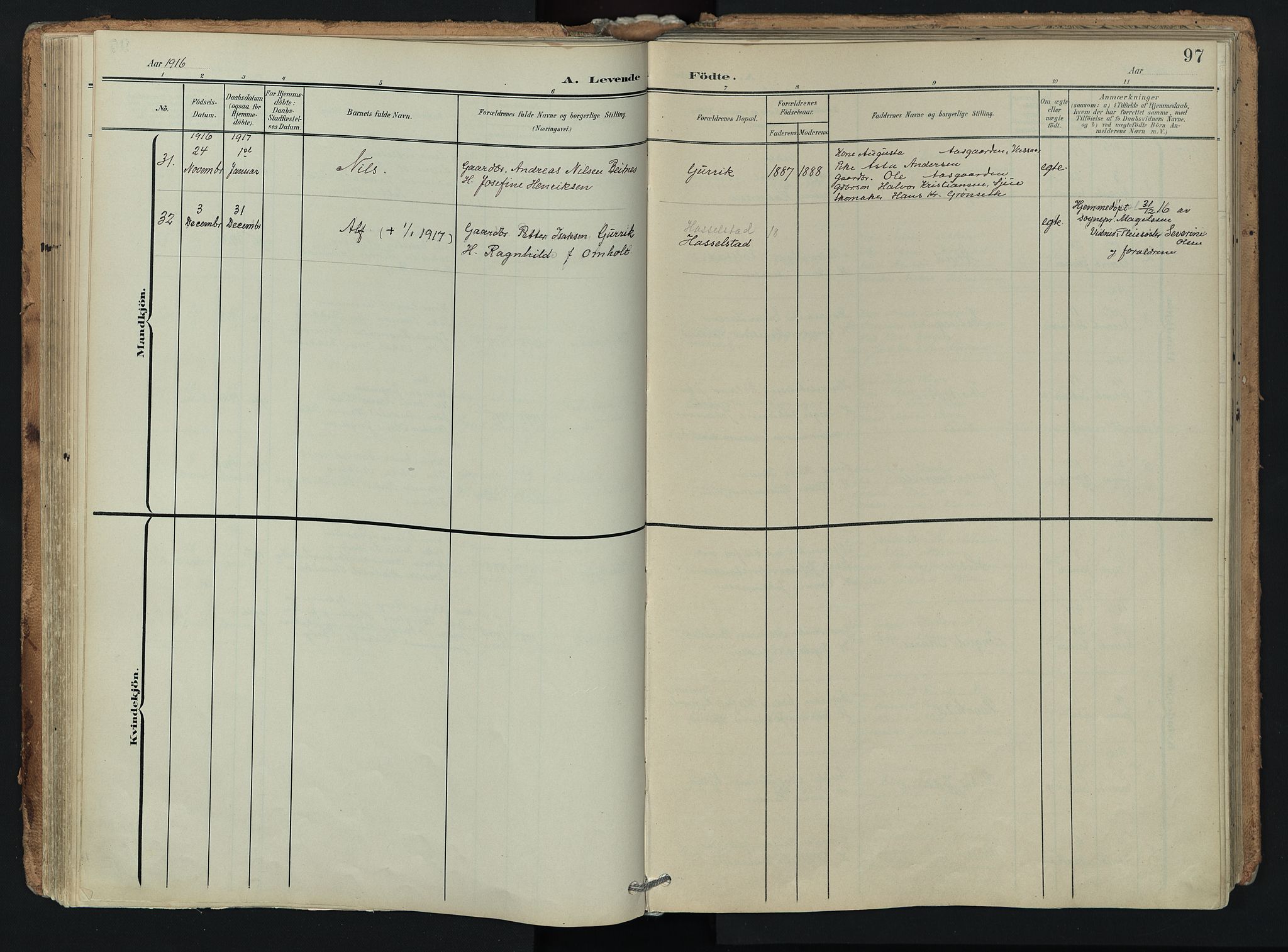 Hof kirkebøker, AV/SAKO-A-64/F/Fa/L0008: Parish register (official) no. I 8, 1902-1921, p. 97