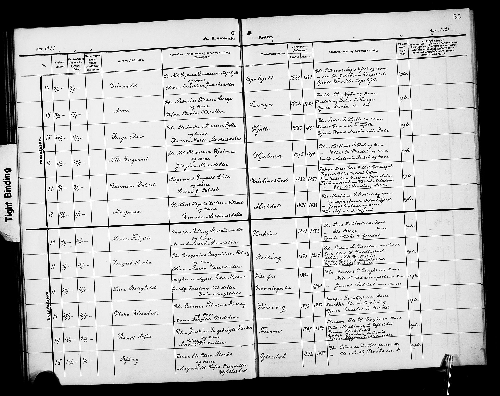 Ministerialprotokoller, klokkerbøker og fødselsregistre - Møre og Romsdal, SAT/A-1454/519/L0265: Parish register (copy) no. 519C06, 1911-1921, p. 55