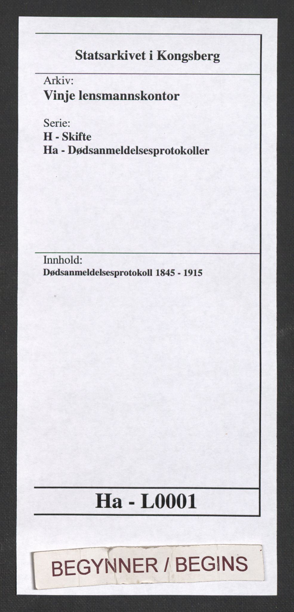 Vinje lensmannskontor, SAKO/A-578/H/Ha/L0001: Dødsanmeldelsesprotokoll , 1845-1915