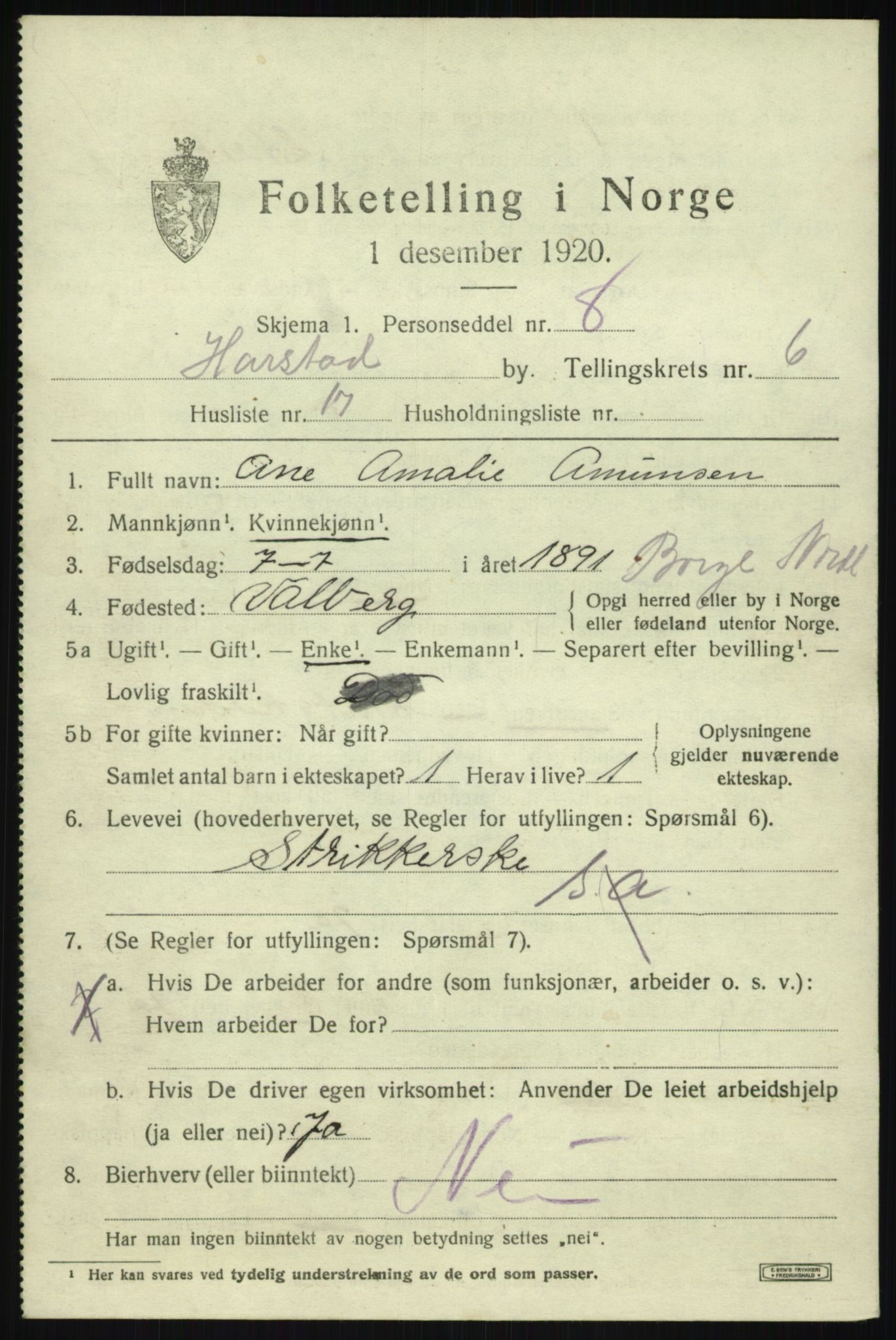 SATØ, 1920 census for Harstad, 1920, p. 7816