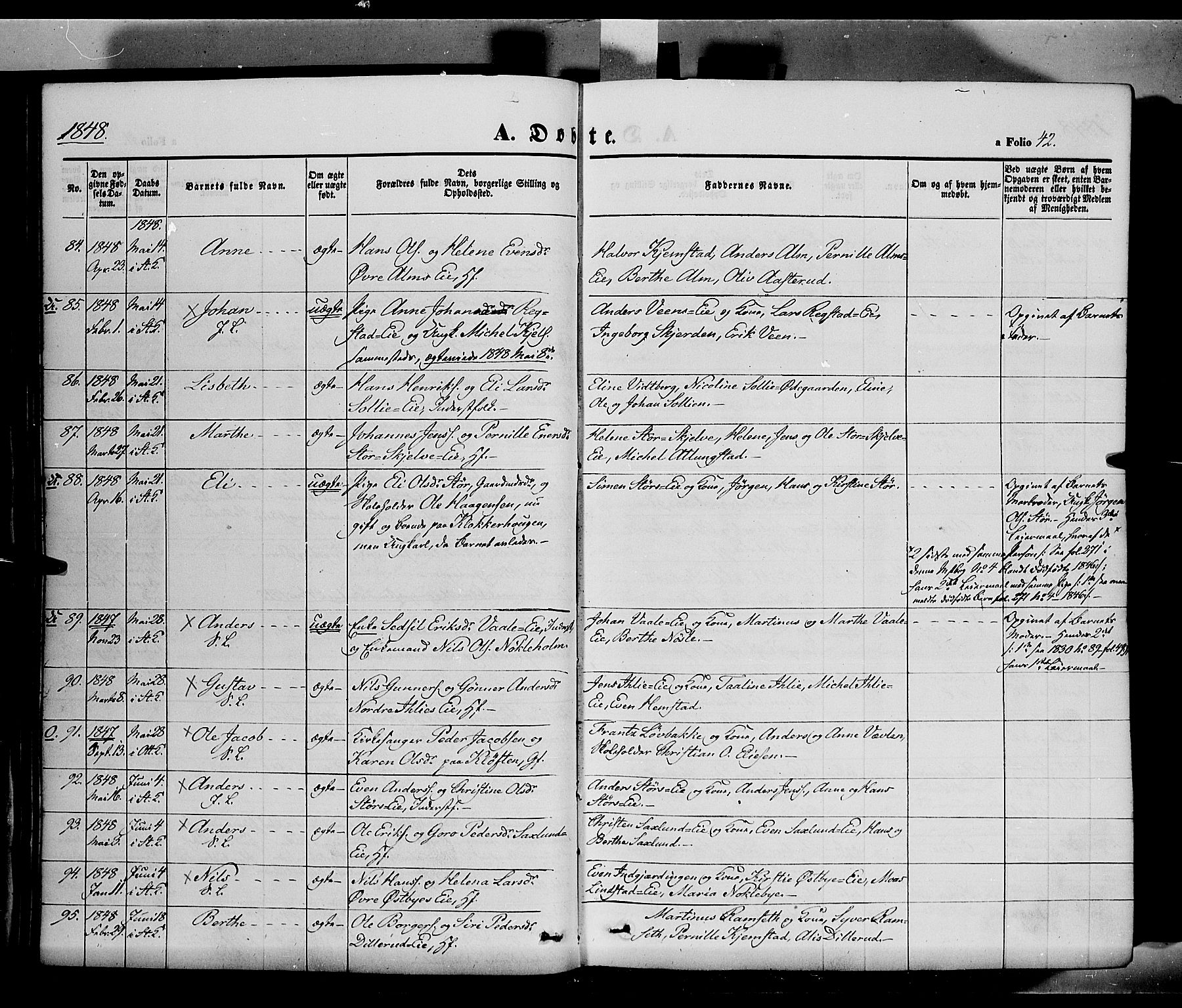 Stange prestekontor, SAH/PREST-002/K/L0011: Parish register (official) no. 11, 1846-1852, p. 42