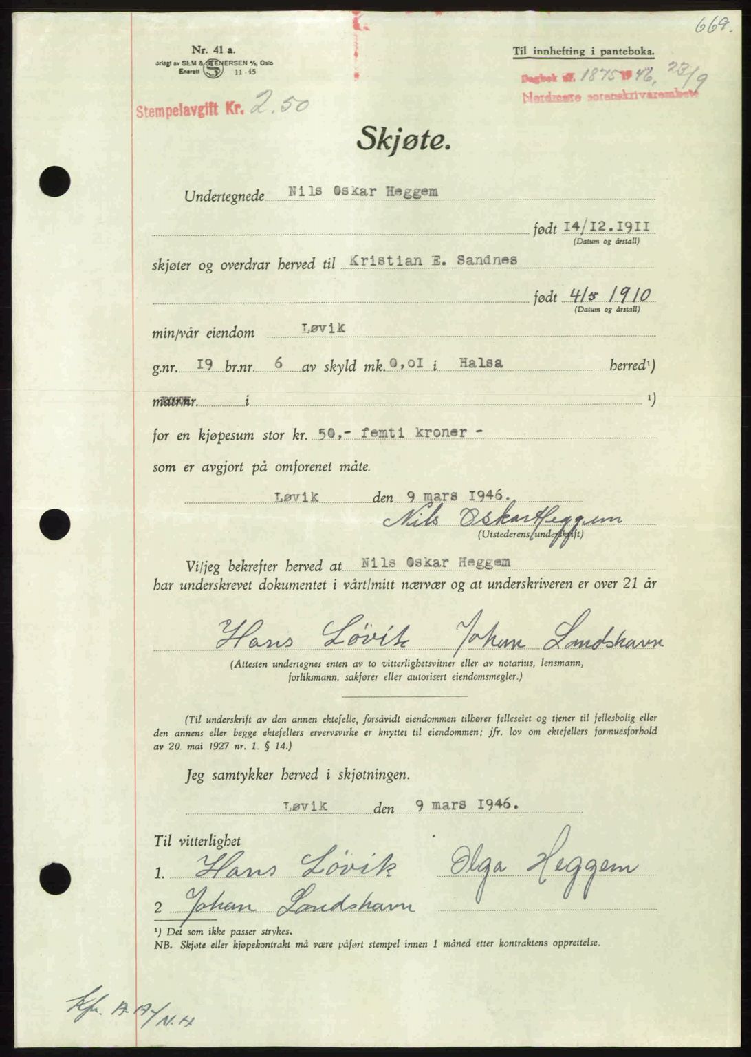 Nordmøre sorenskriveri, AV/SAT-A-4132/1/2/2Ca: Mortgage book no. A102, 1946-1946, Diary no: : 1875/1946