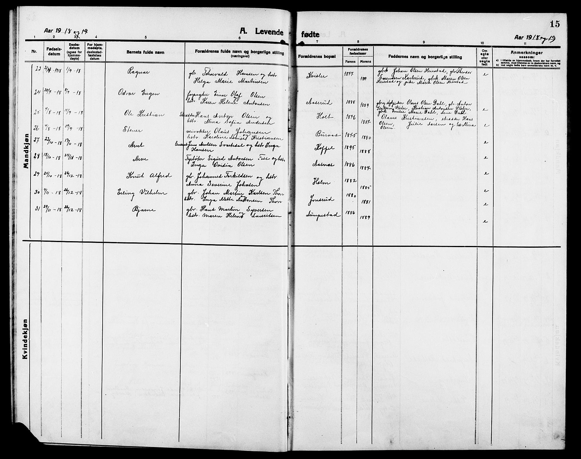 Skiptvet prestekontor Kirkebøker, AV/SAO-A-20009/G/Ga/L0003: Parish register (copy) no. 3, 1916-1924, p. 15