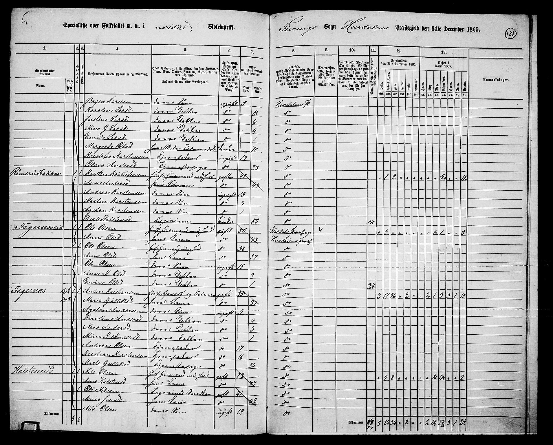 RA, 1865 census for Hurdal, 1865, p. 151