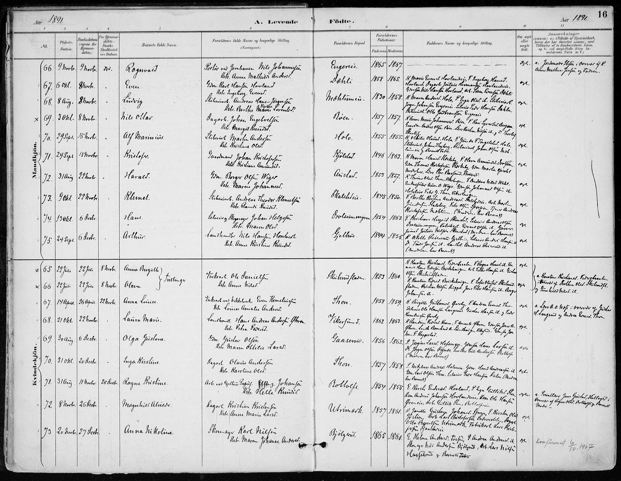 Modum kirkebøker, AV/SAKO-A-234/F/Fa/L0012: Parish register (official) no. 12, 1890-1898, p. 16