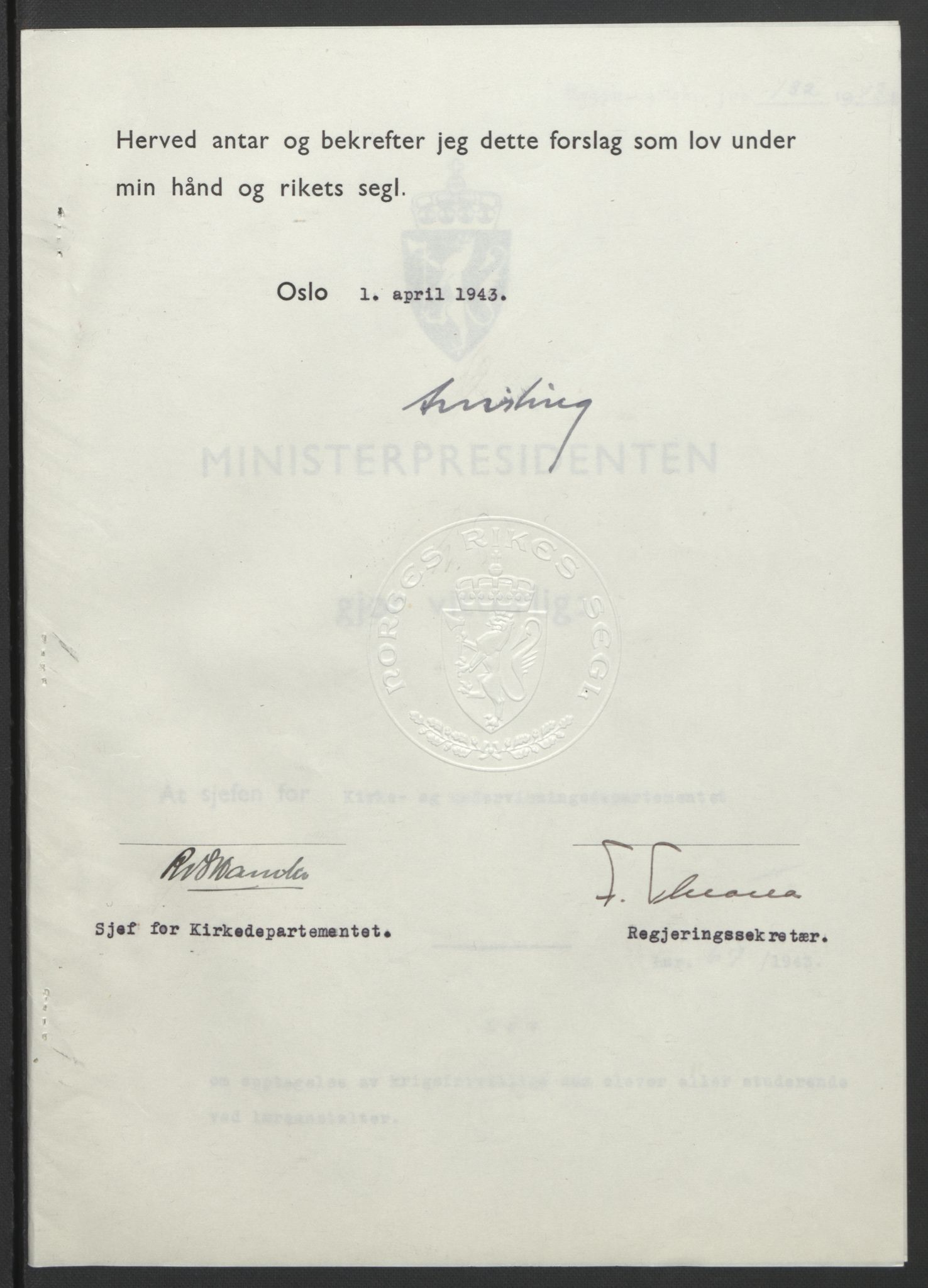 NS-administrasjonen 1940-1945 (Statsrådsekretariatet, de kommisariske statsråder mm), RA/S-4279/D/Db/L0099: Lover, 1943, p. 311