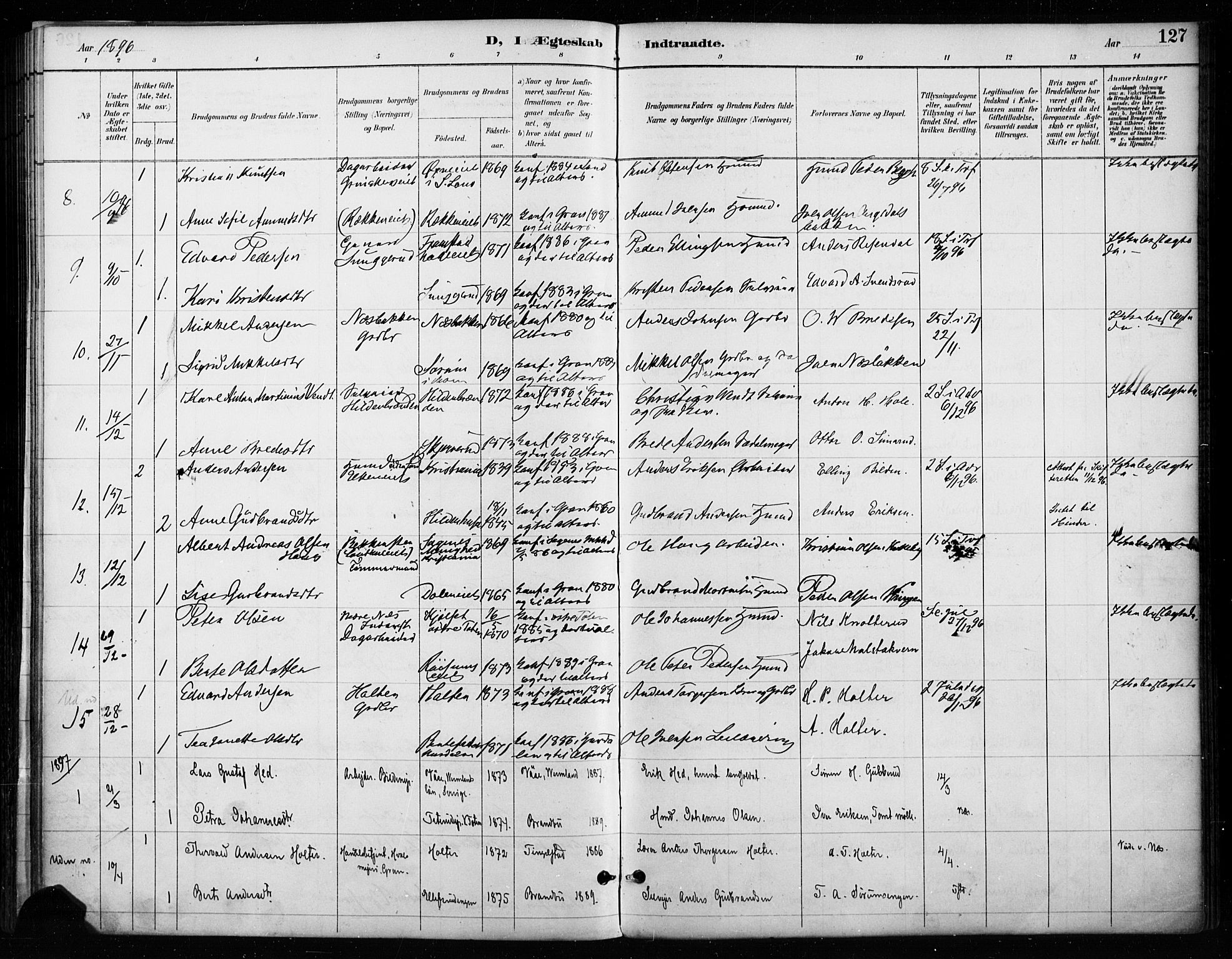 Gran prestekontor, SAH/PREST-112/H/Ha/Haa/L0018: Parish register (official) no. 18, 1889-1899, p. 127