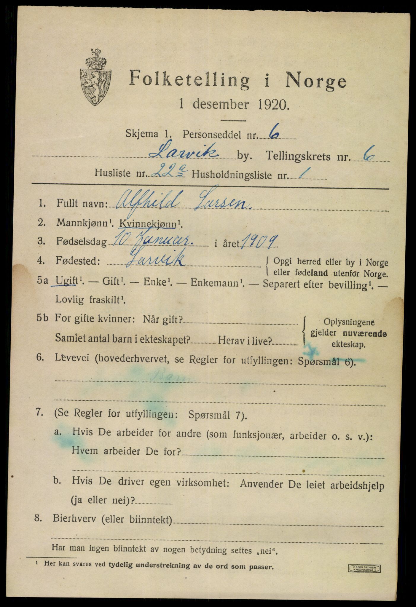 SAKO, 1920 census for Larvik, 1920, p. 18446