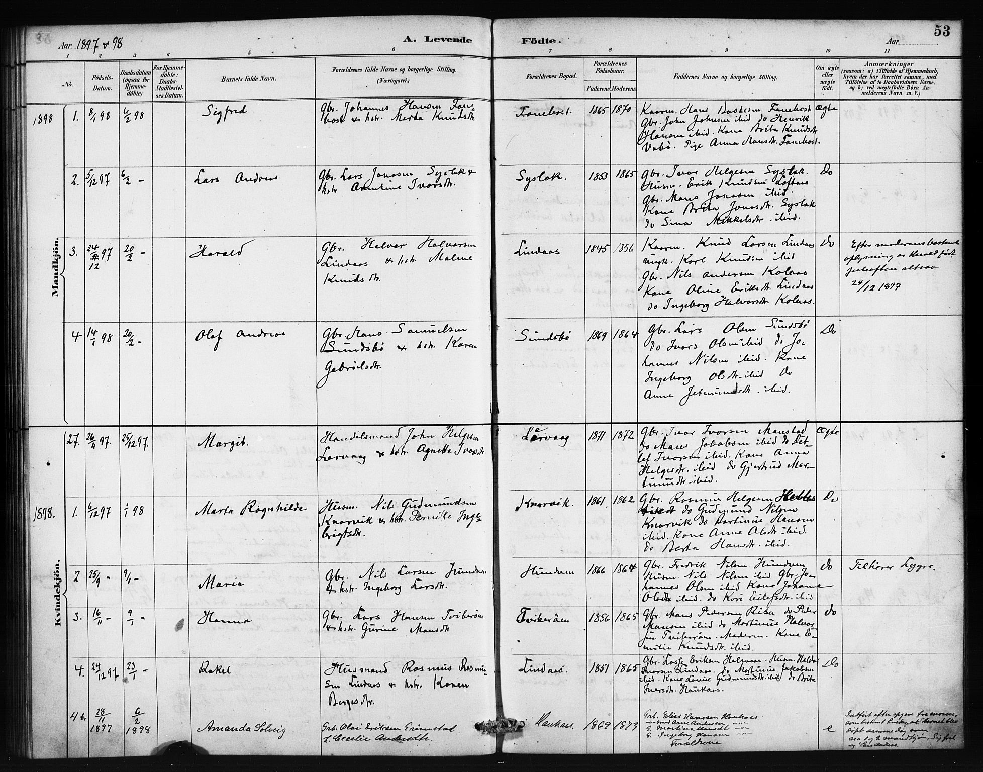 Lindås Sokneprestembete, SAB/A-76701/H/Haa: Parish register (official) no. B 1, 1886-1900, p. 53