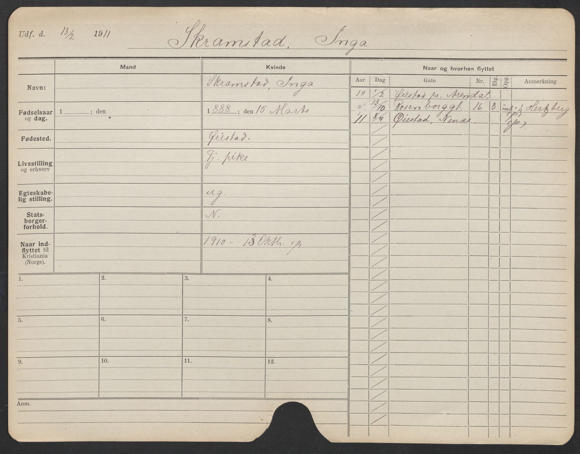 Oslo folkeregister, Registerkort, AV/SAO-A-11715/F/Fa/Fac/L0023: Kvinner, 1906-1914, p. 1103a