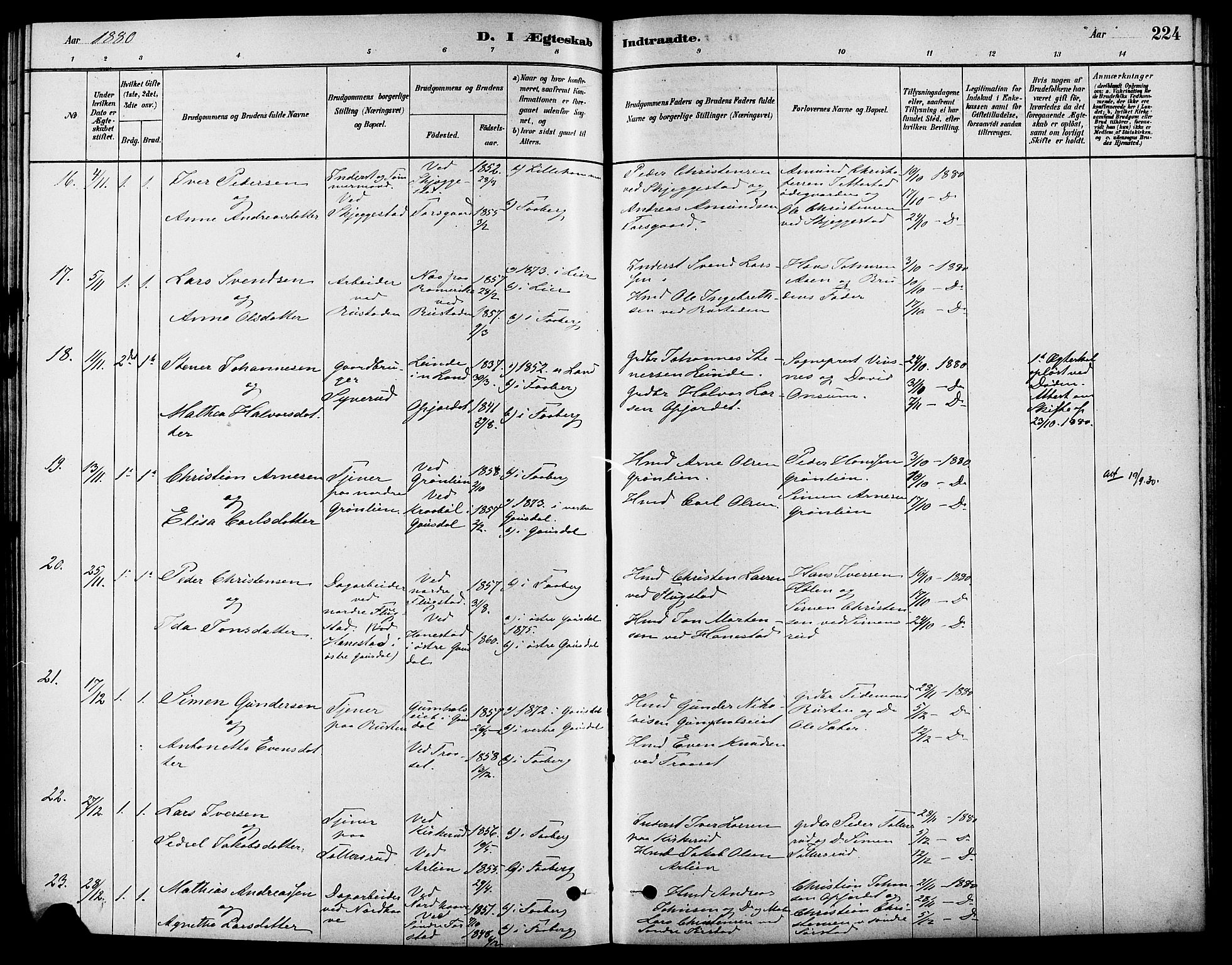 Fåberg prestekontor, SAH/PREST-086/H/Ha/Haa/L0008: Parish register (official) no. 8, 1879-1898, p. 224