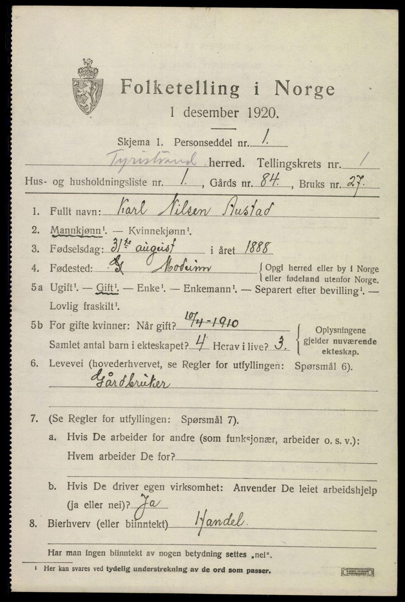 SAKO, 1920 census for Tyristrand, 1920, p. 602