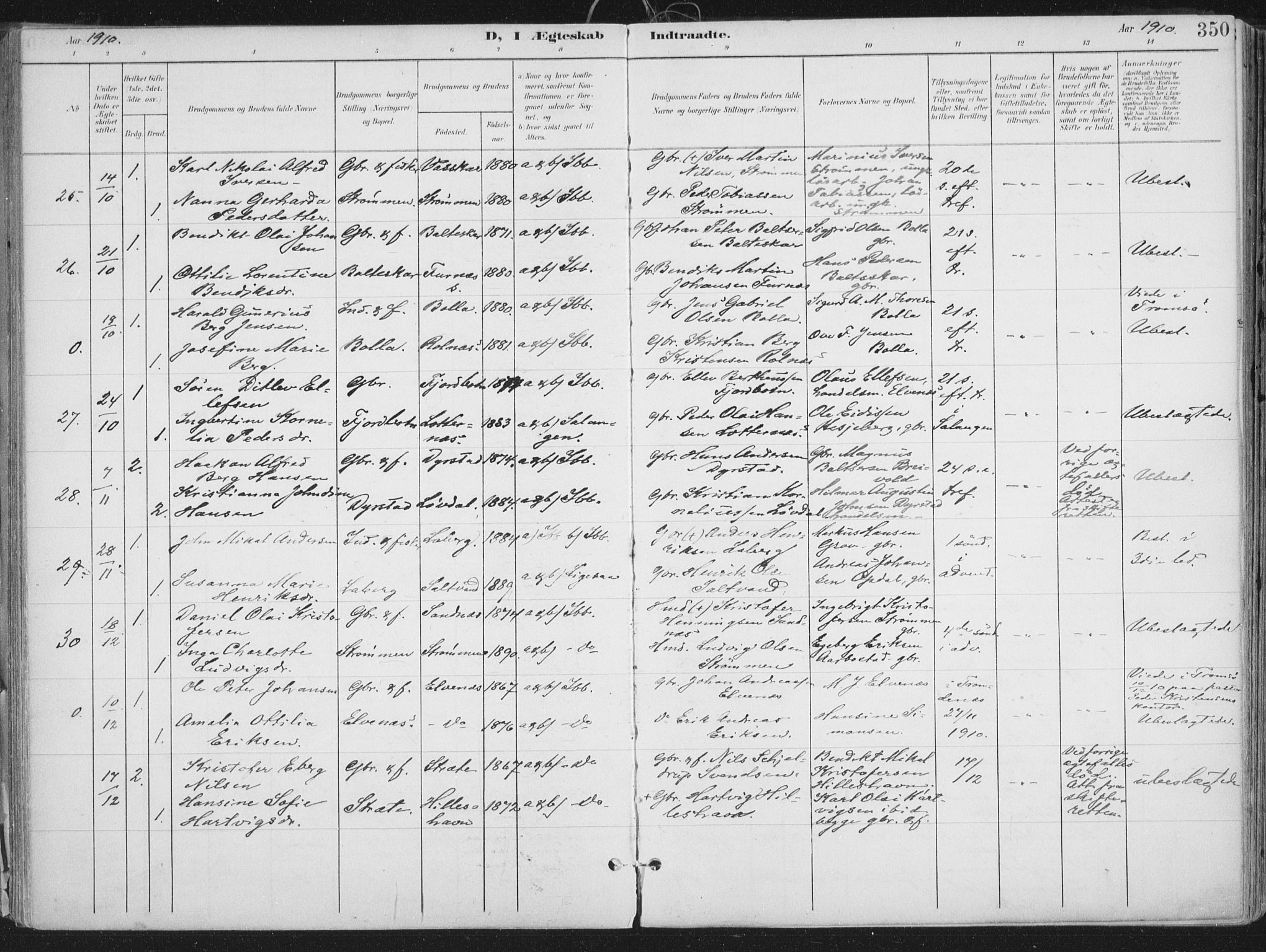 Ibestad sokneprestembete, SATØ/S-0077/H/Ha/Haa/L0017kirke: Parish register (official) no. 17, 1901-1914, p. 350