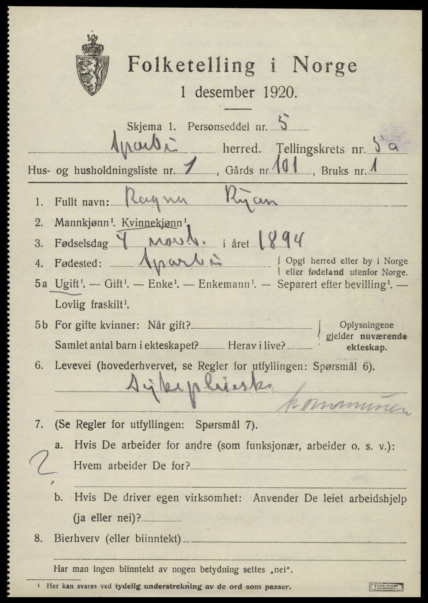 SAT, 1920 census for Sparbu, 1920, p. 6197