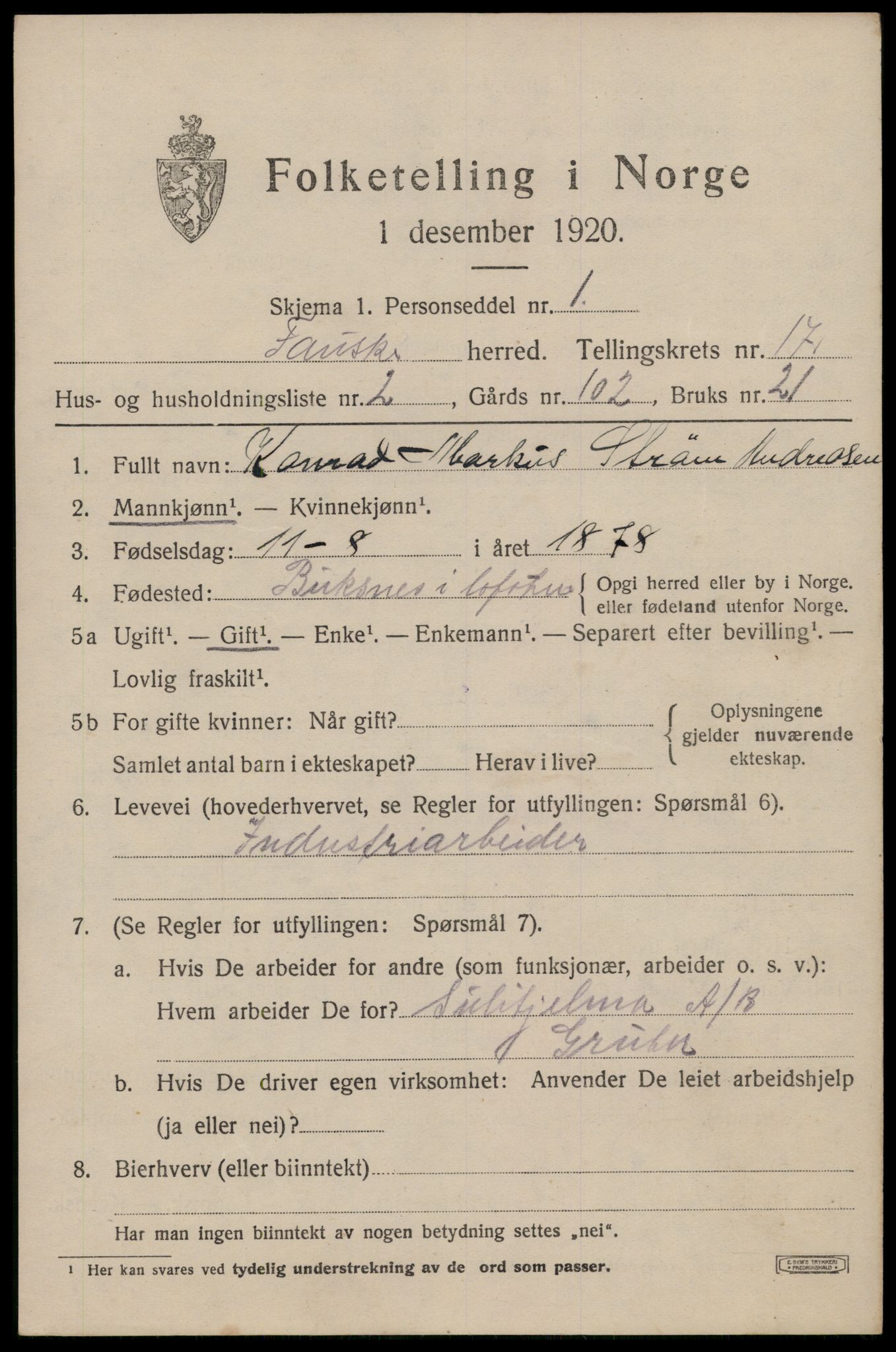 SAT, 1920 census for Fauske, 1920, p. 10466