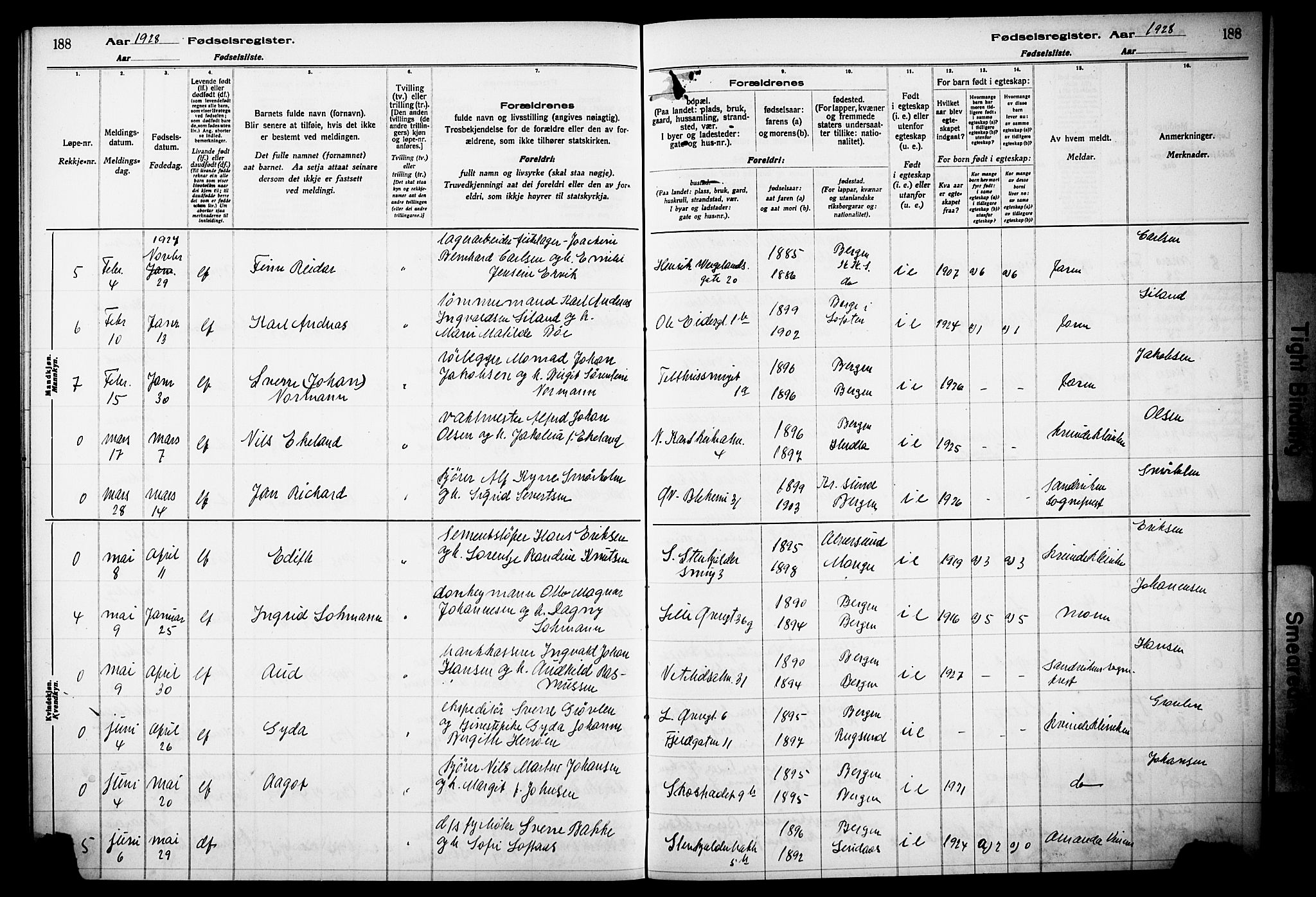 Korskirken sokneprestembete, AV/SAB-A-76101/I/Id/L00A1: Birth register no. A 1, 1916-1929, p. 188