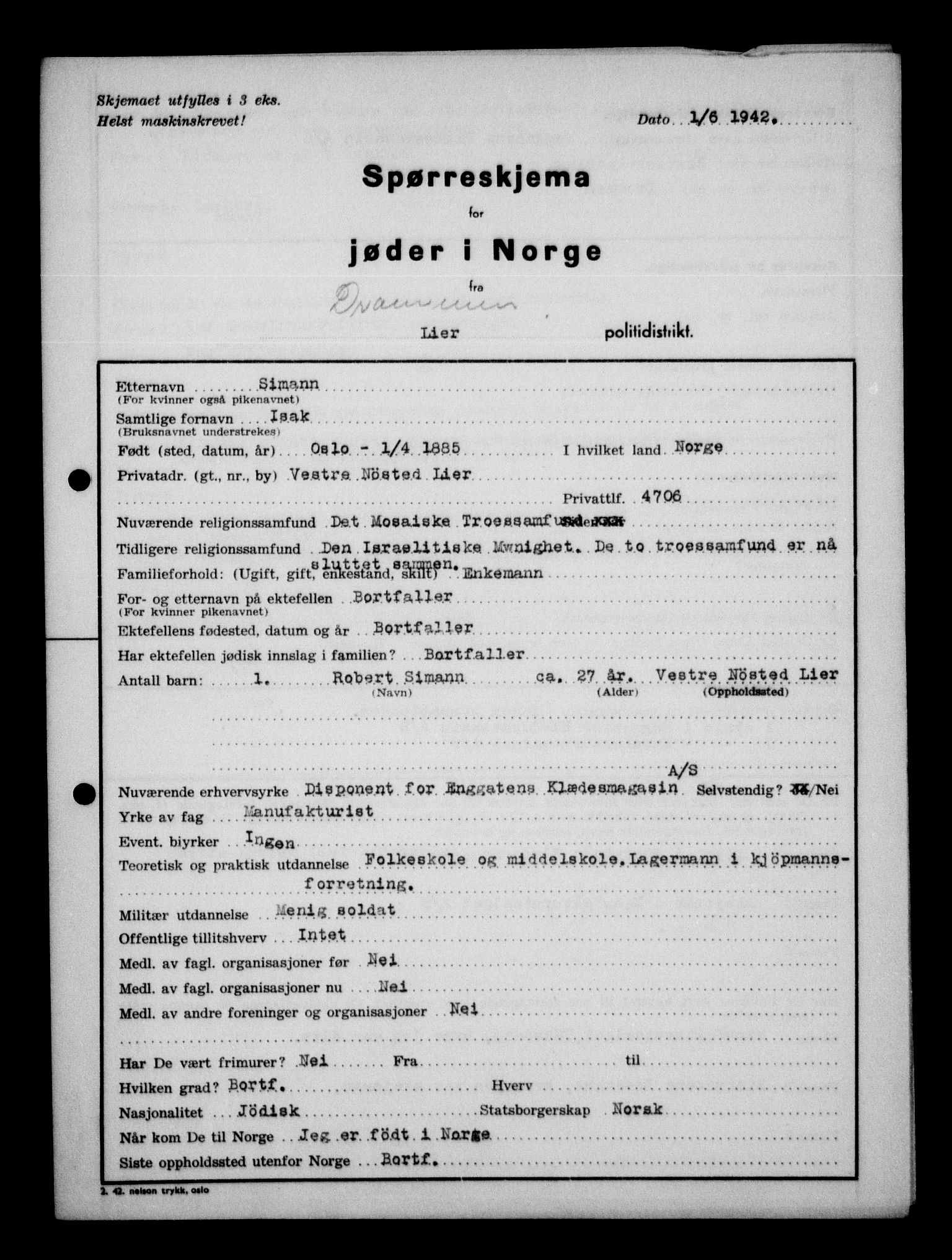 Statspolitiet - Hovedkontoret / Osloavdelingen, AV/RA-S-1329/G/Ga/L0012: Spørreskjema for jøder i Norge. 1: Aker 114- 207 (Levinson-Wozak) og 656 (Salomon). 2: Arendal-Hordaland. 3: Horten-Romerike.  , 1942, p. 411