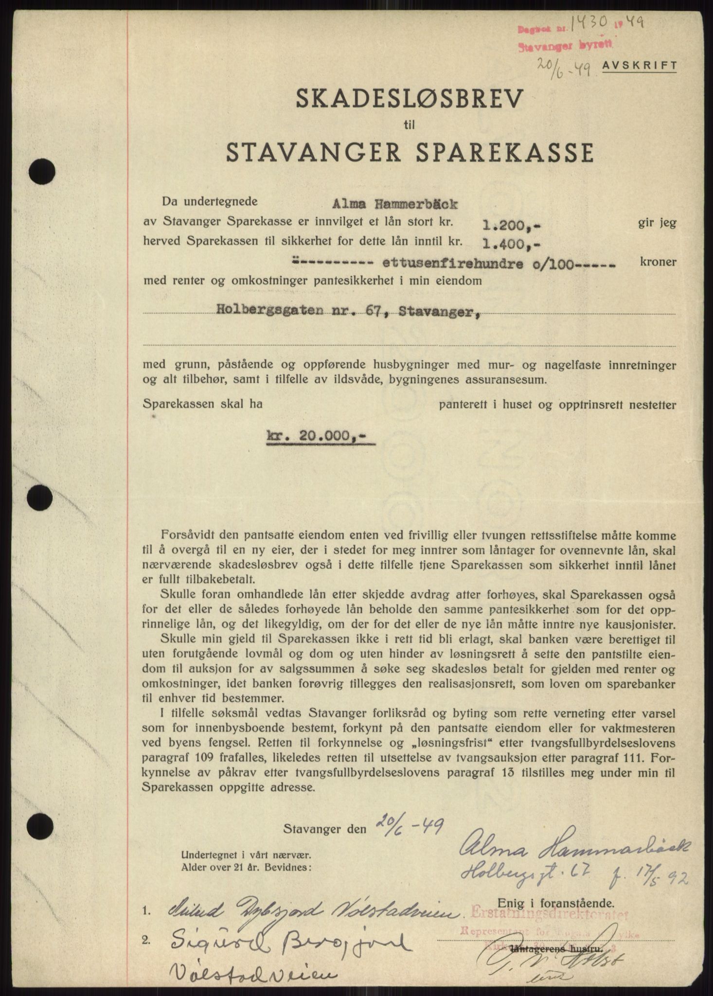 Stavanger byrett, SAST/A-100455/002/G/Gb/L0032: Mortgage book, 1947-1950, Diary no: : 1430/1949