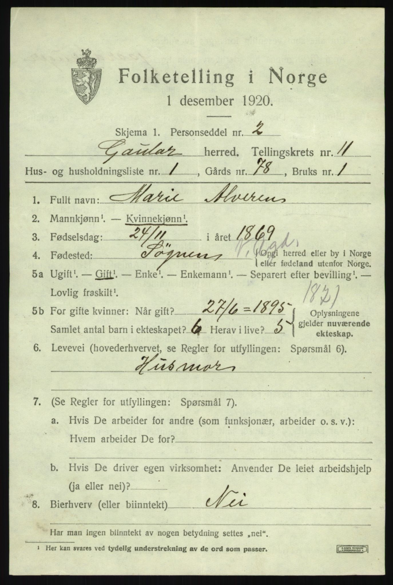 SAB, 1920 census for Gaular, 1920, p. 5146