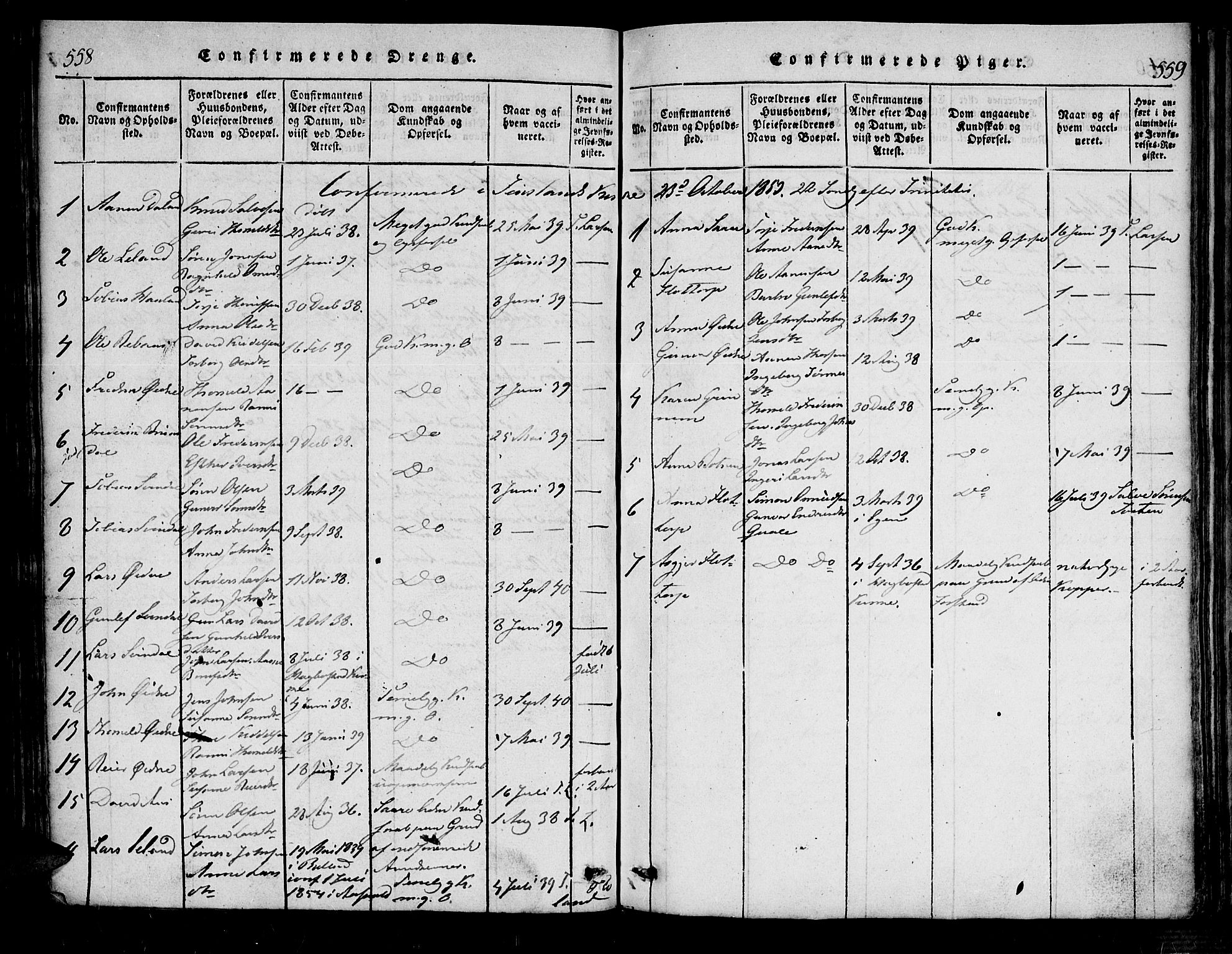 Bjelland sokneprestkontor, SAK/1111-0005/F/Fa/Fac/L0001: Parish register (official) no. A 1, 1815-1866, p. 558-559