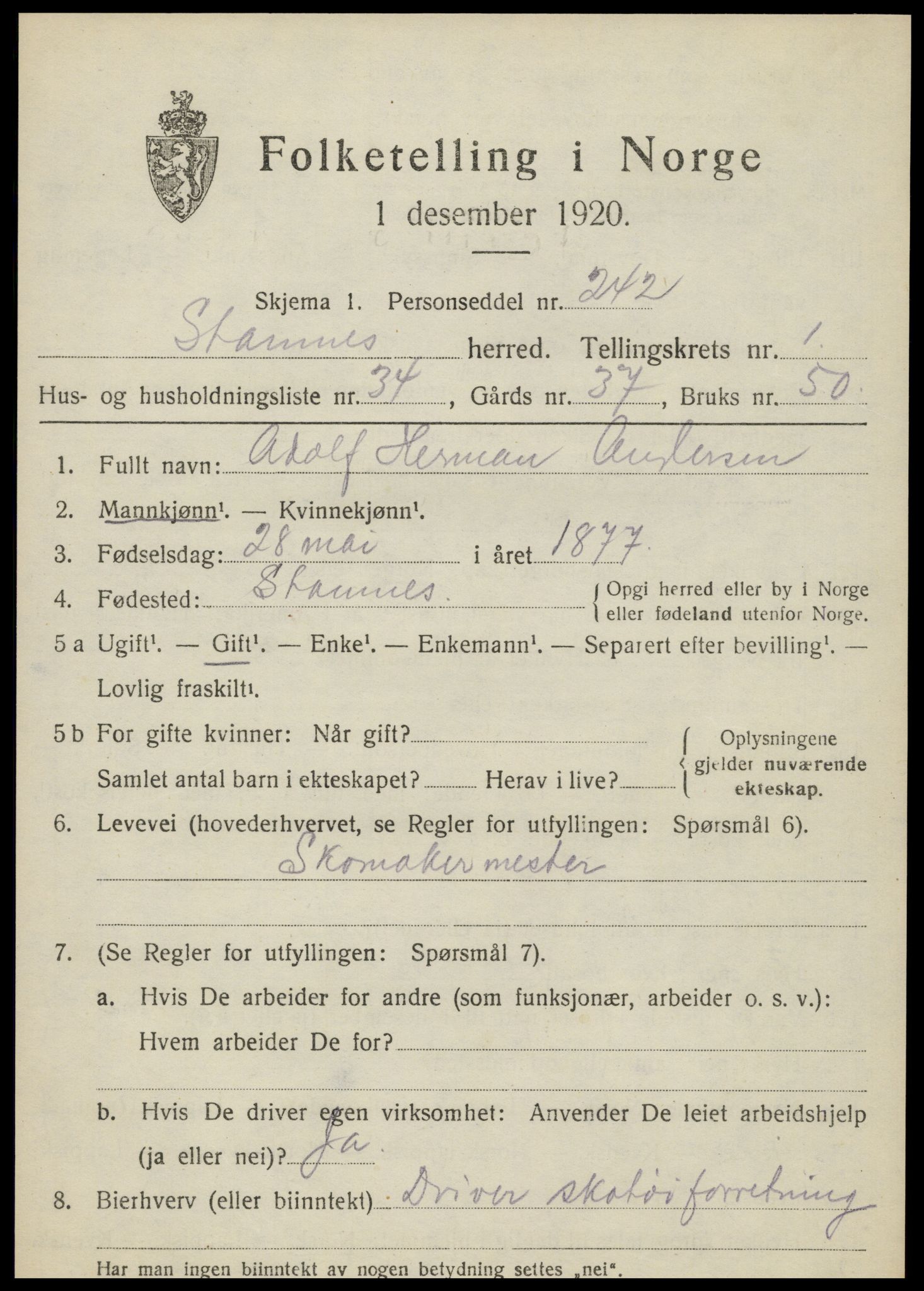 SAT, 1920 census for Stamnes, 1920, p. 1050