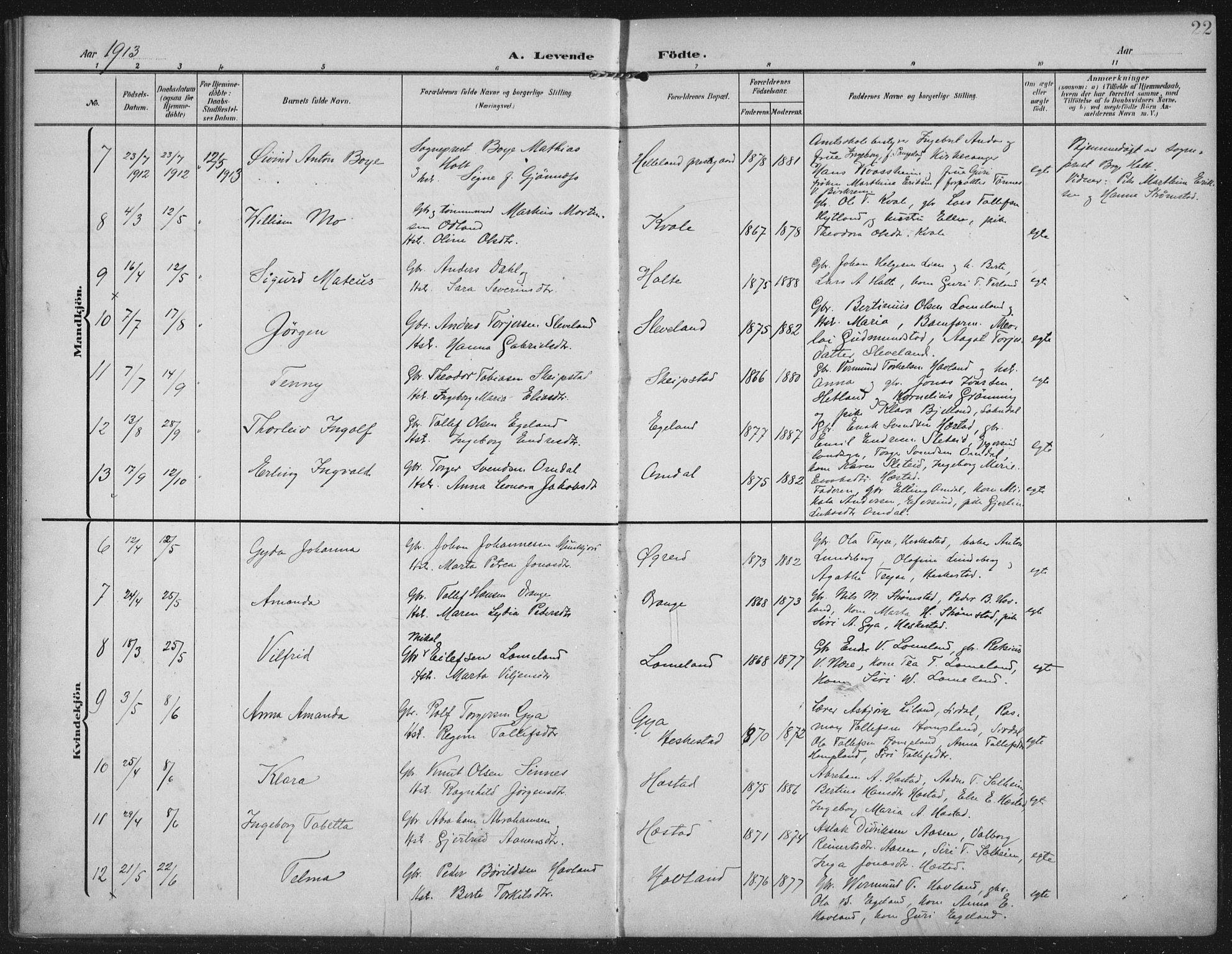 Helleland sokneprestkontor, AV/SAST-A-101810: Parish register (official) no. A 12, 1906-1923, p. 22