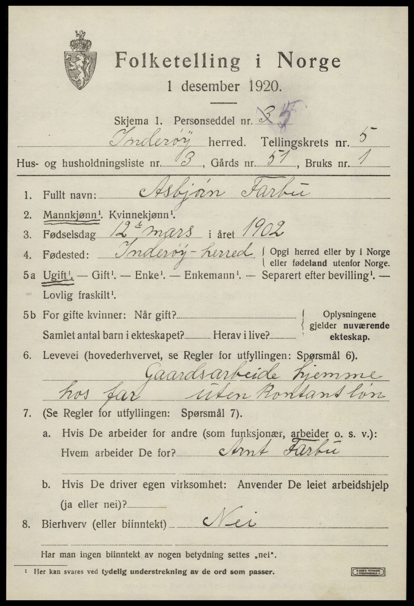 SAT, 1920 census for Inderøy, 1920, p. 4225